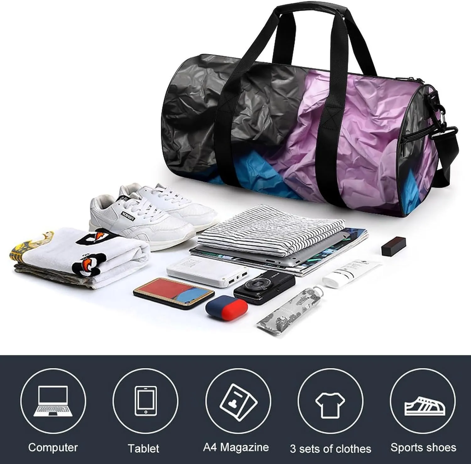 Sports Gym Bag for Women Men Travel Duffel Bag Tote Weekender Bag Crumpled Paper Carry on Overnight Bag for Travel Swimming Fitness Workout Sports Duffle Bag
