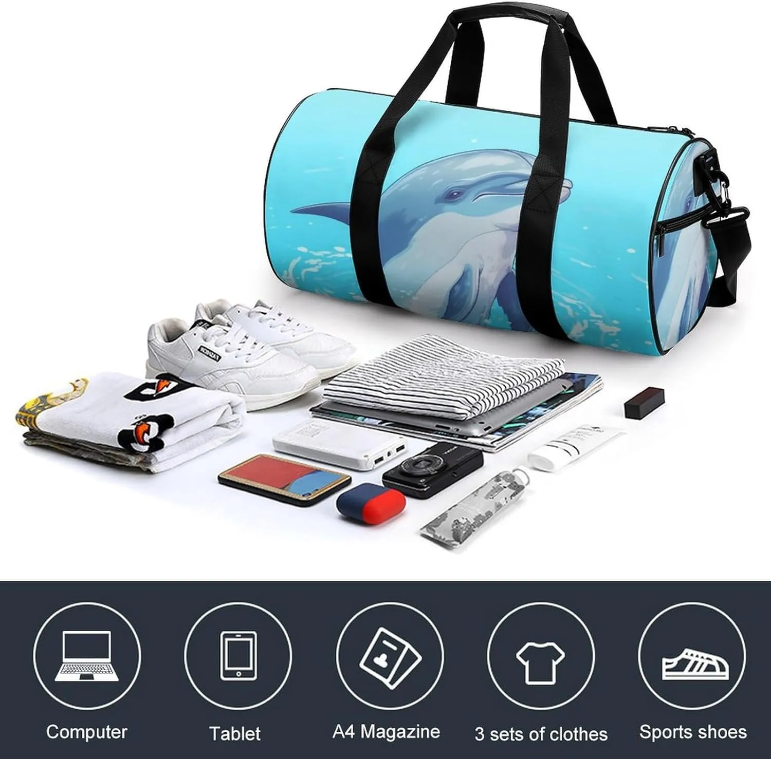 Sports Gym Bag for Women Men Travel Duffel Bag Tote Weekender Bag Cute Dolphins Carry on Overnight Bag for Travel Swimming Fitness Workout Sports Duffle Bag