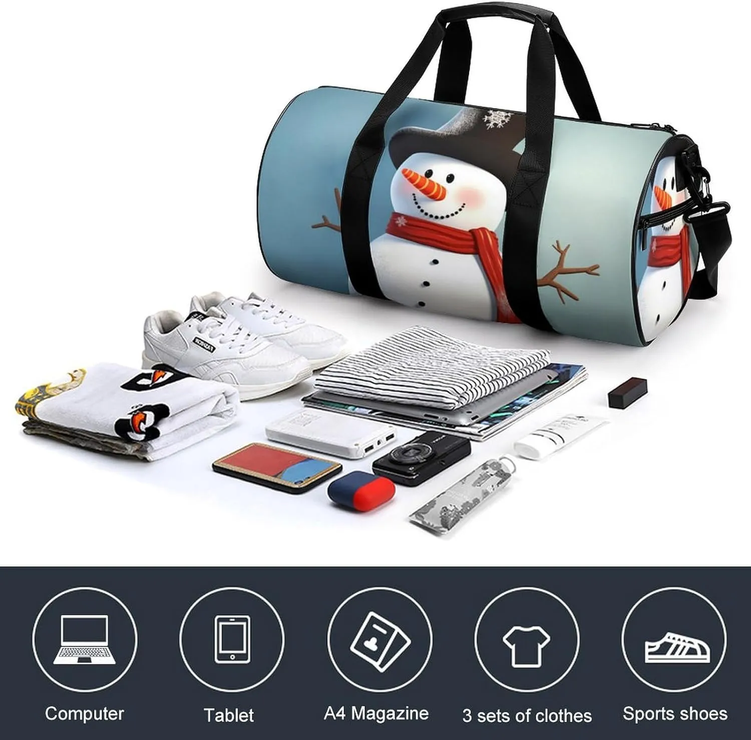 Sports Gym Bag for Women Men Travel Duffel Bag Tote Weekender Bag Cute Snowman Carry on Overnight Bag for Travel Swimming Fitness Workout Sports Duffle Bag