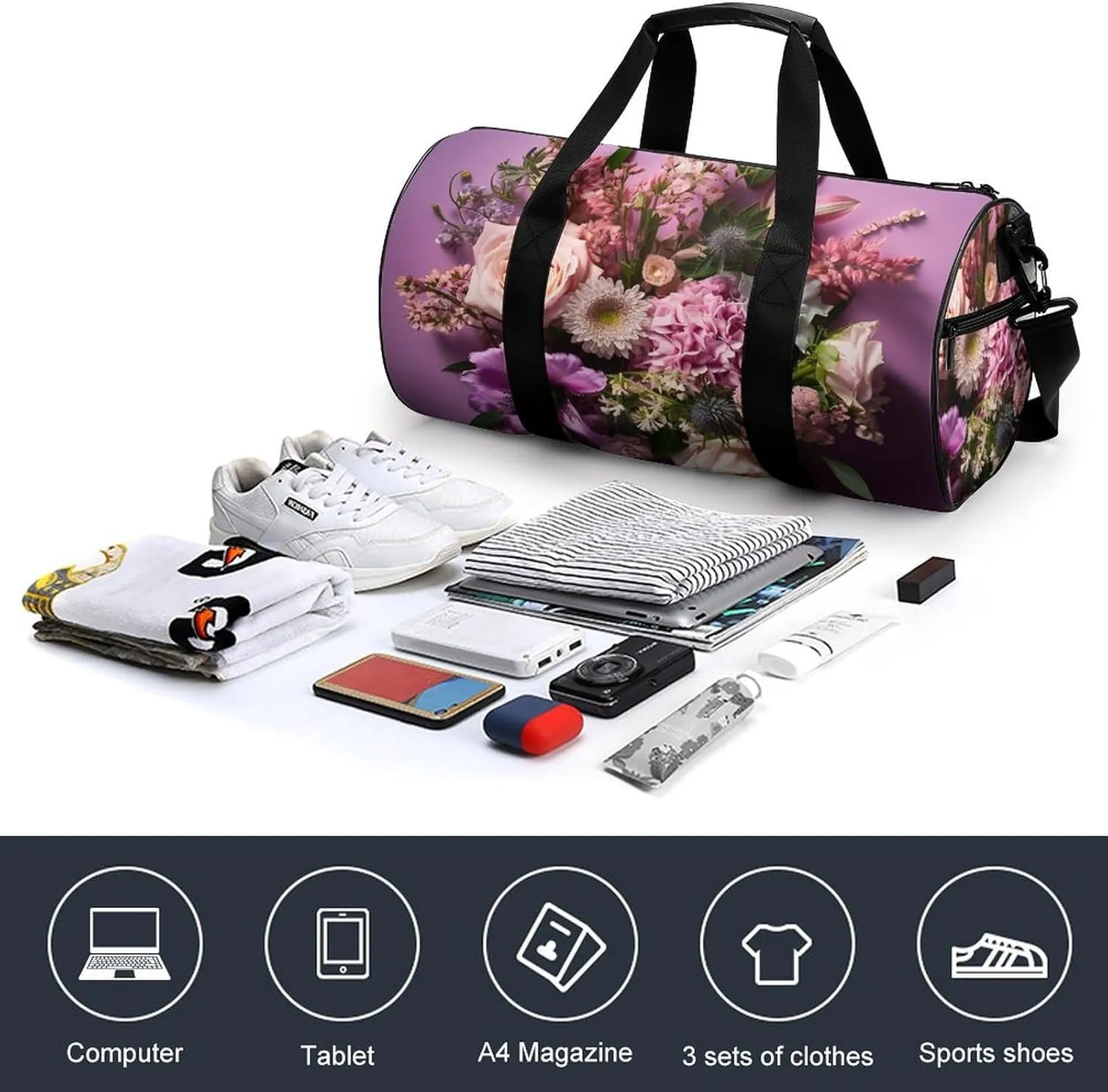 Sports Gym Bag for Women Men Travel Duffel Bag Tote Weekender Bag Flower Arrangement Carry on Overnight Bag for Travel Swimming Fitness Workout Sports Duffle Bag