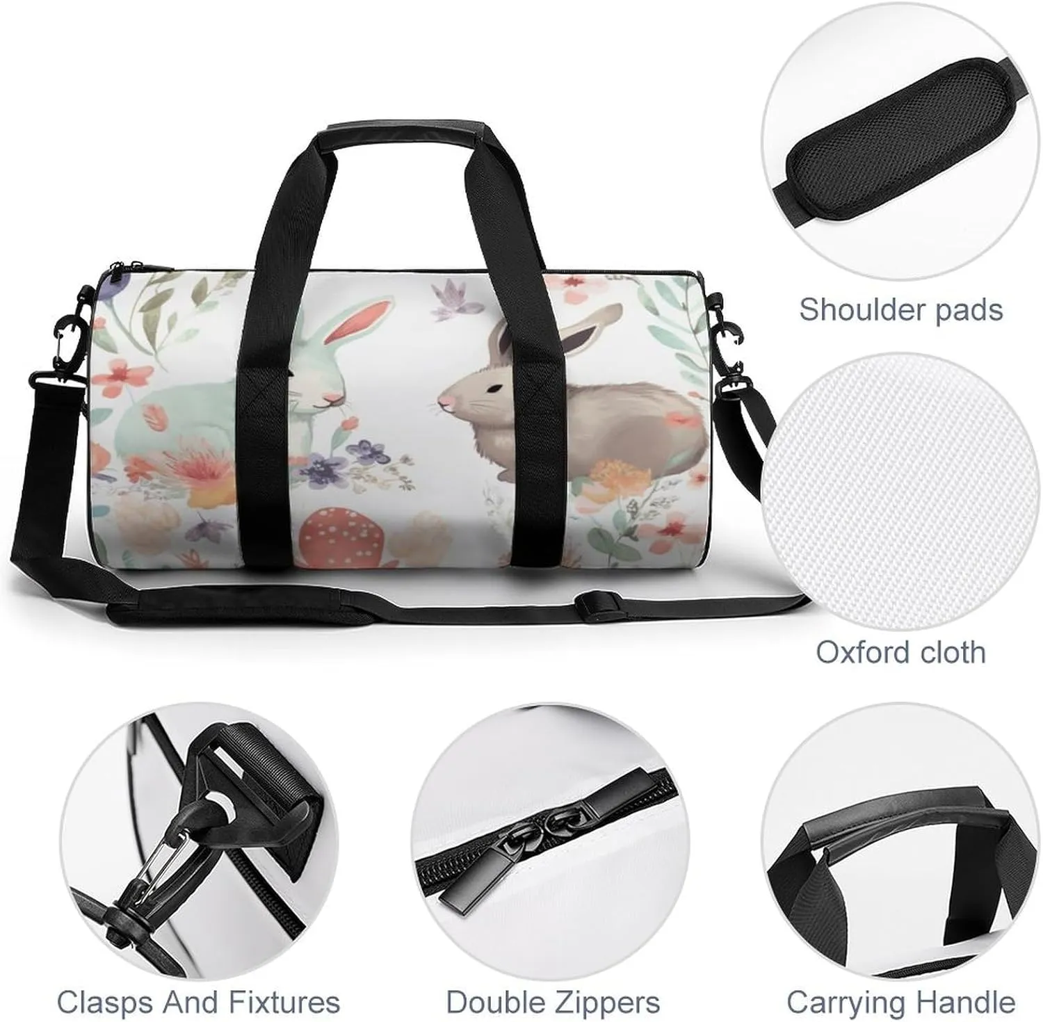 Sports Gym Bag for Women Men Travel Duffel Bag Tote Weekender Bag Flowers Bunnies Birds Carry on Overnight Bag for Travel Swimming Fitness Workout Sports Duffle Bag