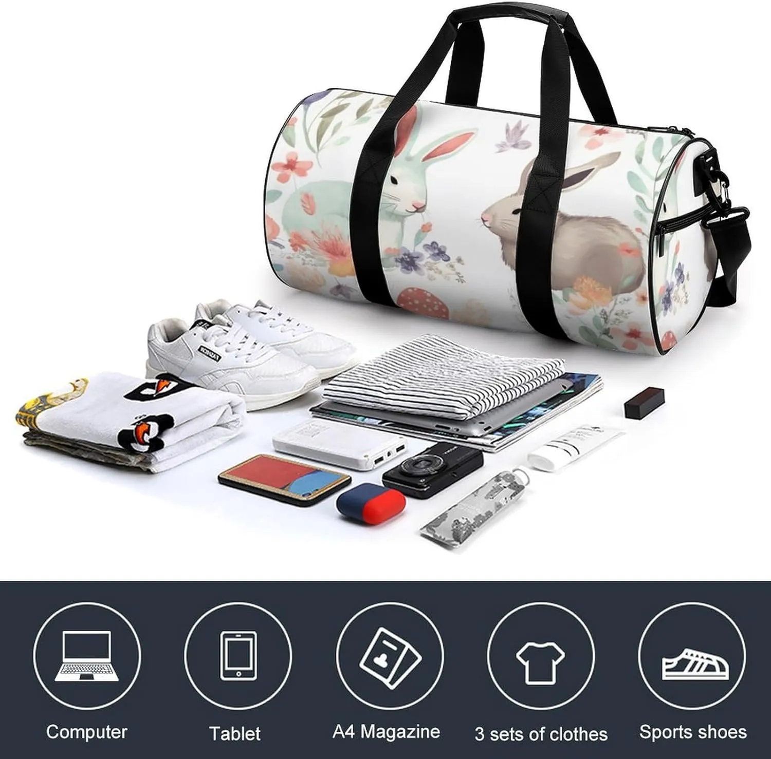 Sports Gym Bag for Women Men Travel Duffel Bag Tote Weekender Bag Flowers Bunnies Birds Carry on Overnight Bag for Travel Swimming Fitness Workout Sports Duffle Bag