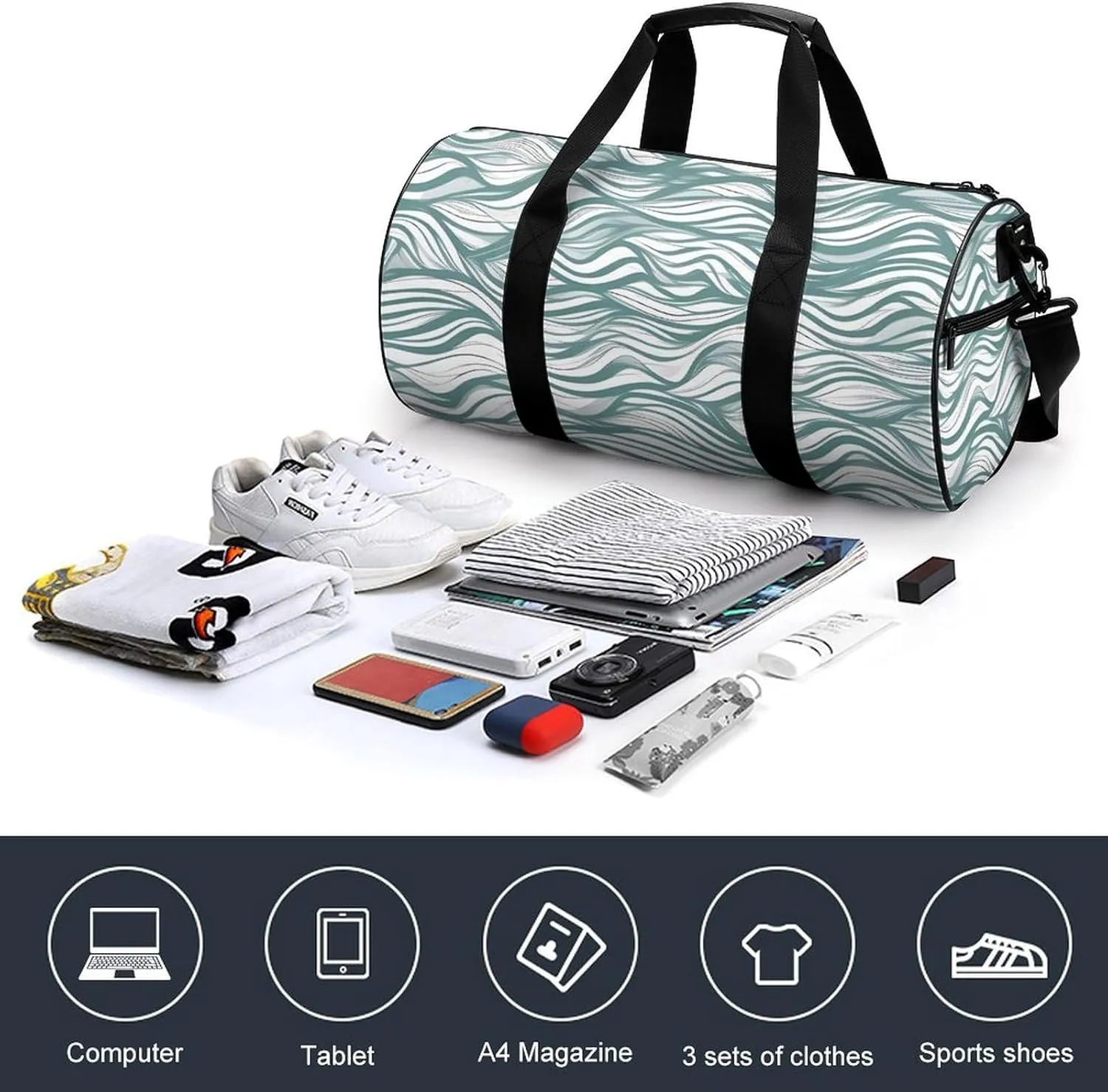 Sports Gym Bag for Women Men Travel Duffel Bag Tote Weekender Bag Green Wavy Stripe Carry on Overnight Bag for Travel Swimming Fitness Workout Sports Duffle Bag