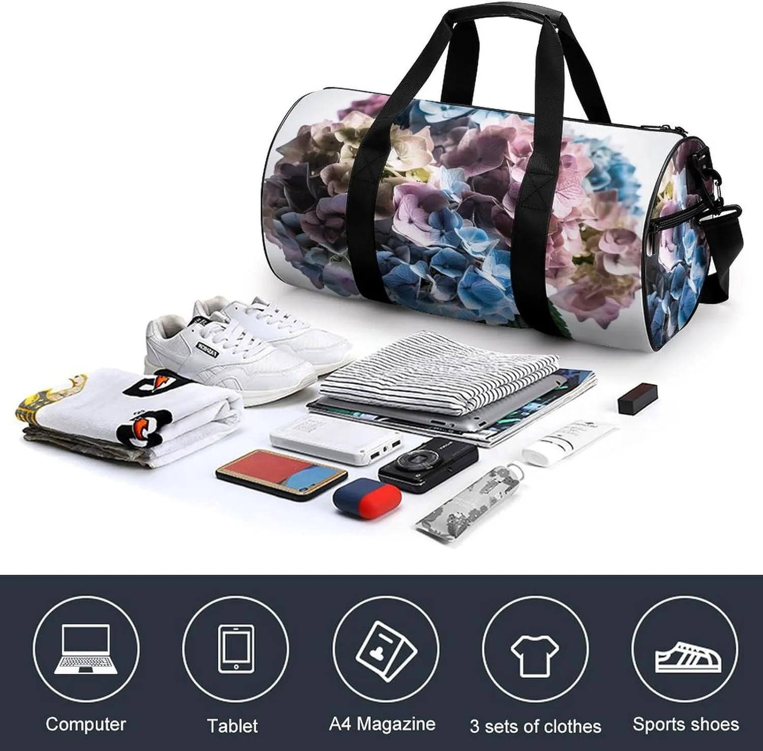 Sports Gym Bag for Women Men Travel Duffel Bag Tote Weekender Bag Hydrangea Flowers in Vase Carry on Overnight Bag for Travel Swimming Fitness Workout Sports Duffle Bag