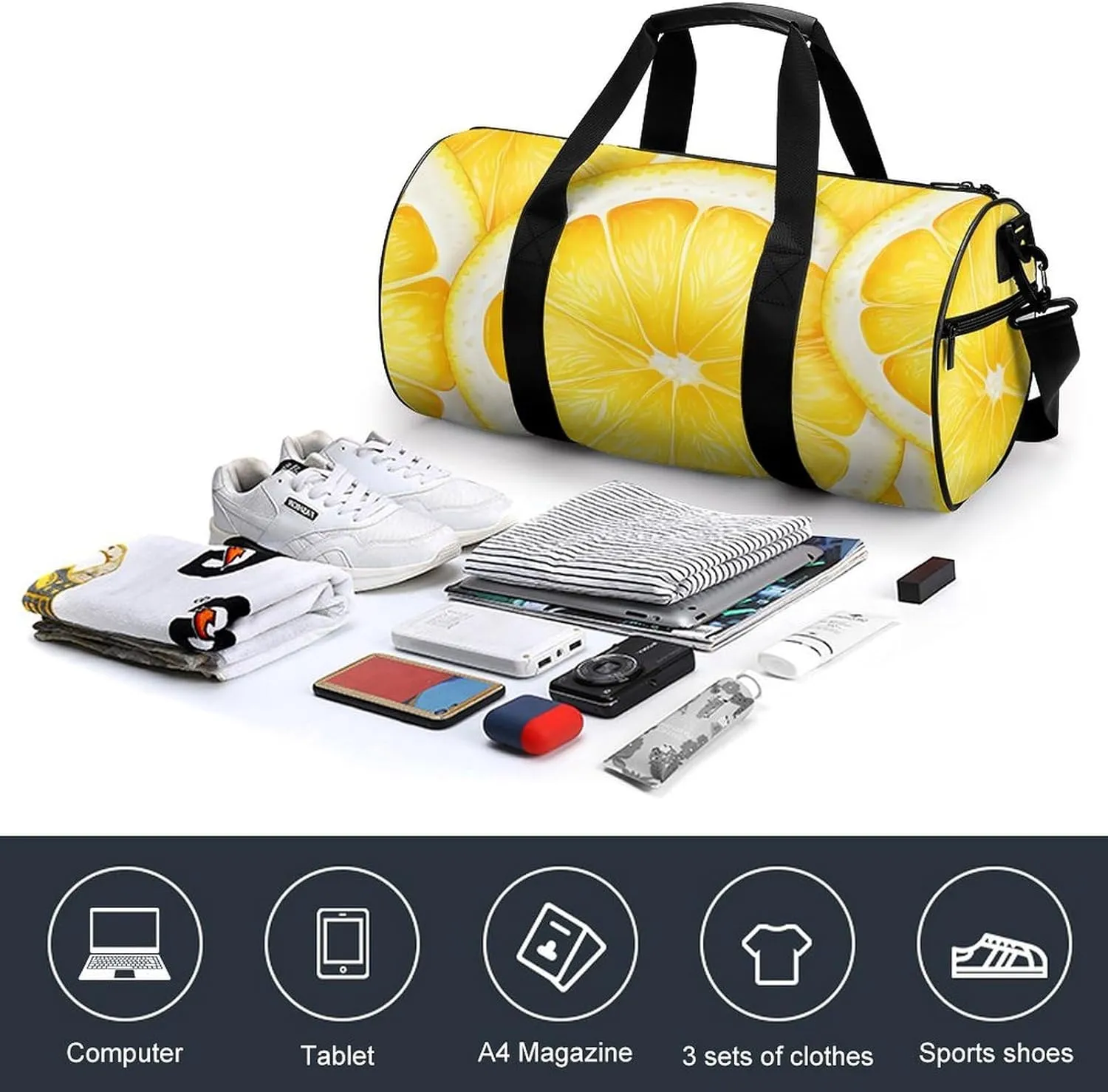 Sports Gym Bag for Women Men Travel Duffel Bag Tote Weekender Bag Lemon Slice Pattern Carry on Overnight Bag for Travel Swimming Fitness Workout Sports Duffle Bag
