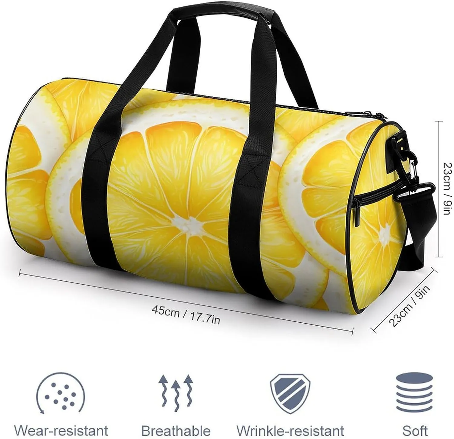 Sports Gym Bag for Women Men Travel Duffel Bag Tote Weekender Bag Lemon Slice Pattern Carry on Overnight Bag for Travel Swimming Fitness Workout Sports Duffle Bag