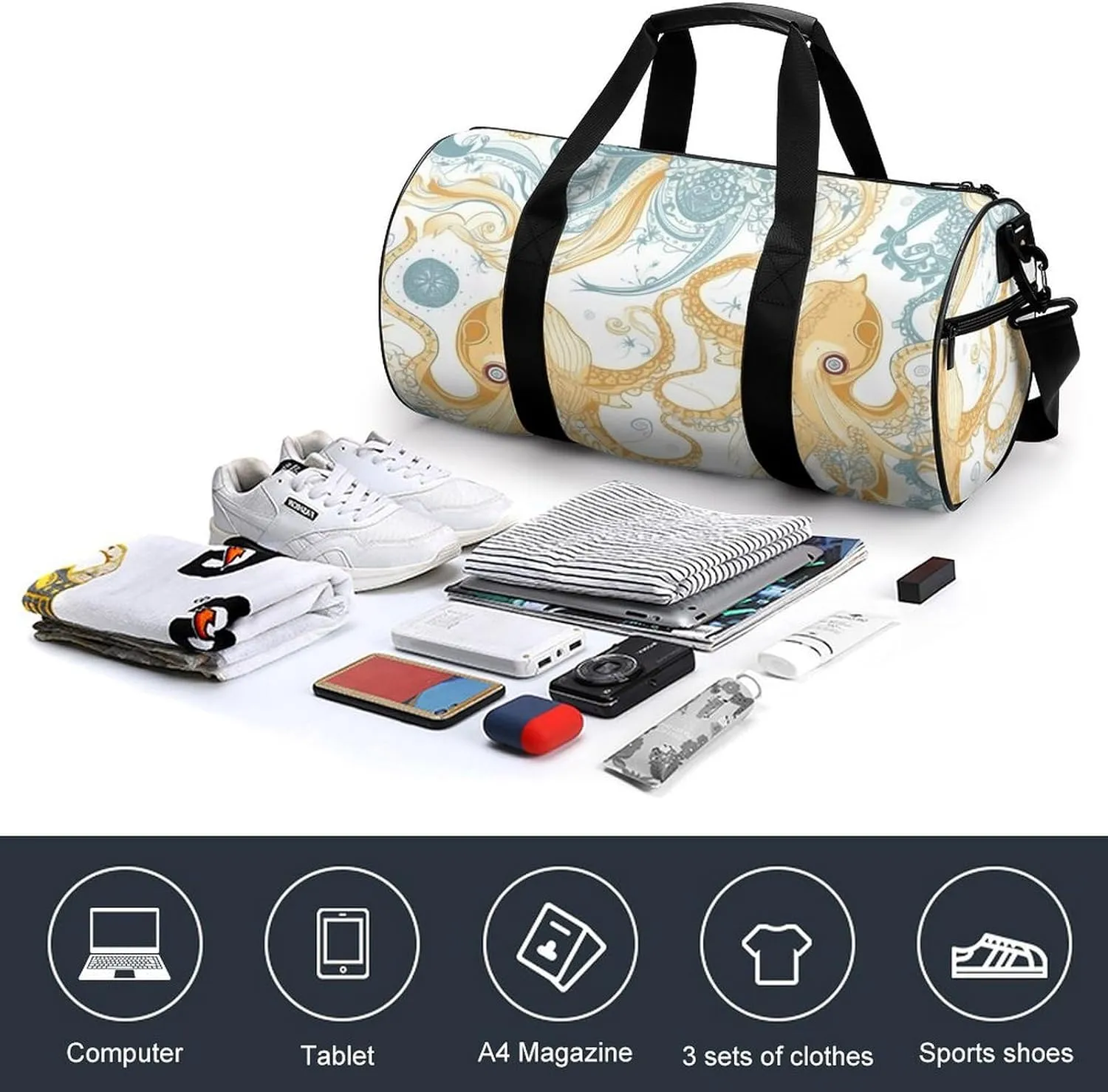 Sports Gym Bag for Women Men Travel Duffel Bag Tote Weekender Bag Light Yellow Fish Carry on Overnight Bag for Travel Swimming Fitness Workout Sports Duffle Bag