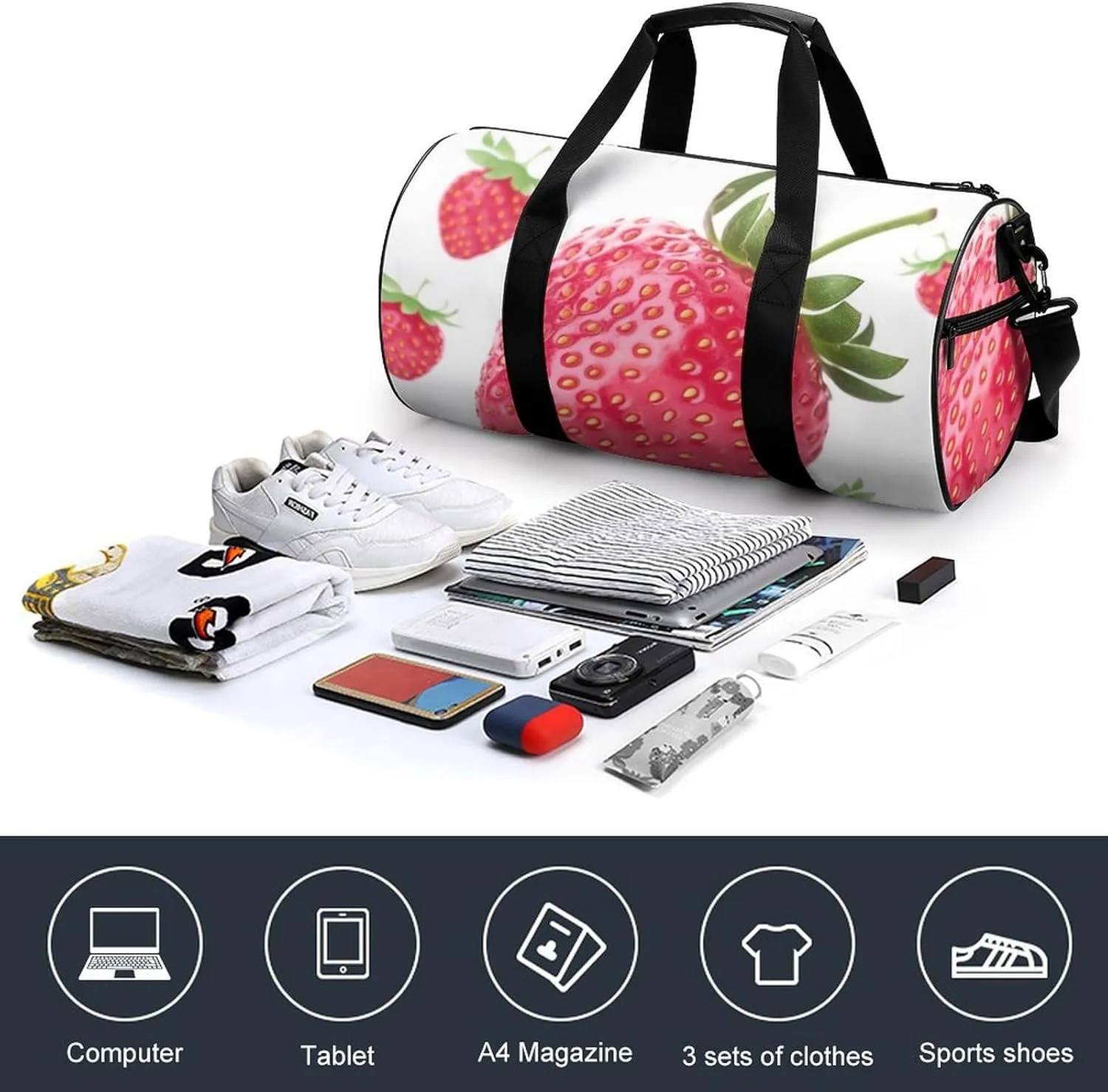 Sports Gym Bag for Women Men Travel Duffel Bag Tote Weekender Bag Pink Strawberry Carry on Overnight Bag for Travel Swimming Fitness Workout Sports Duffle Bag