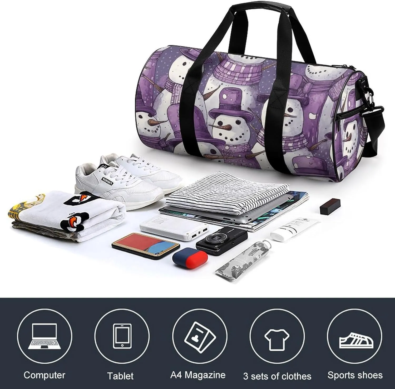 Sports Gym Bag for Women Men Travel Duffel Bag Tote Weekender Bag Purple Snowman Pattern Carry on Overnight Bag for Travel Swimming Fitness Workout Sports Duffle Bag