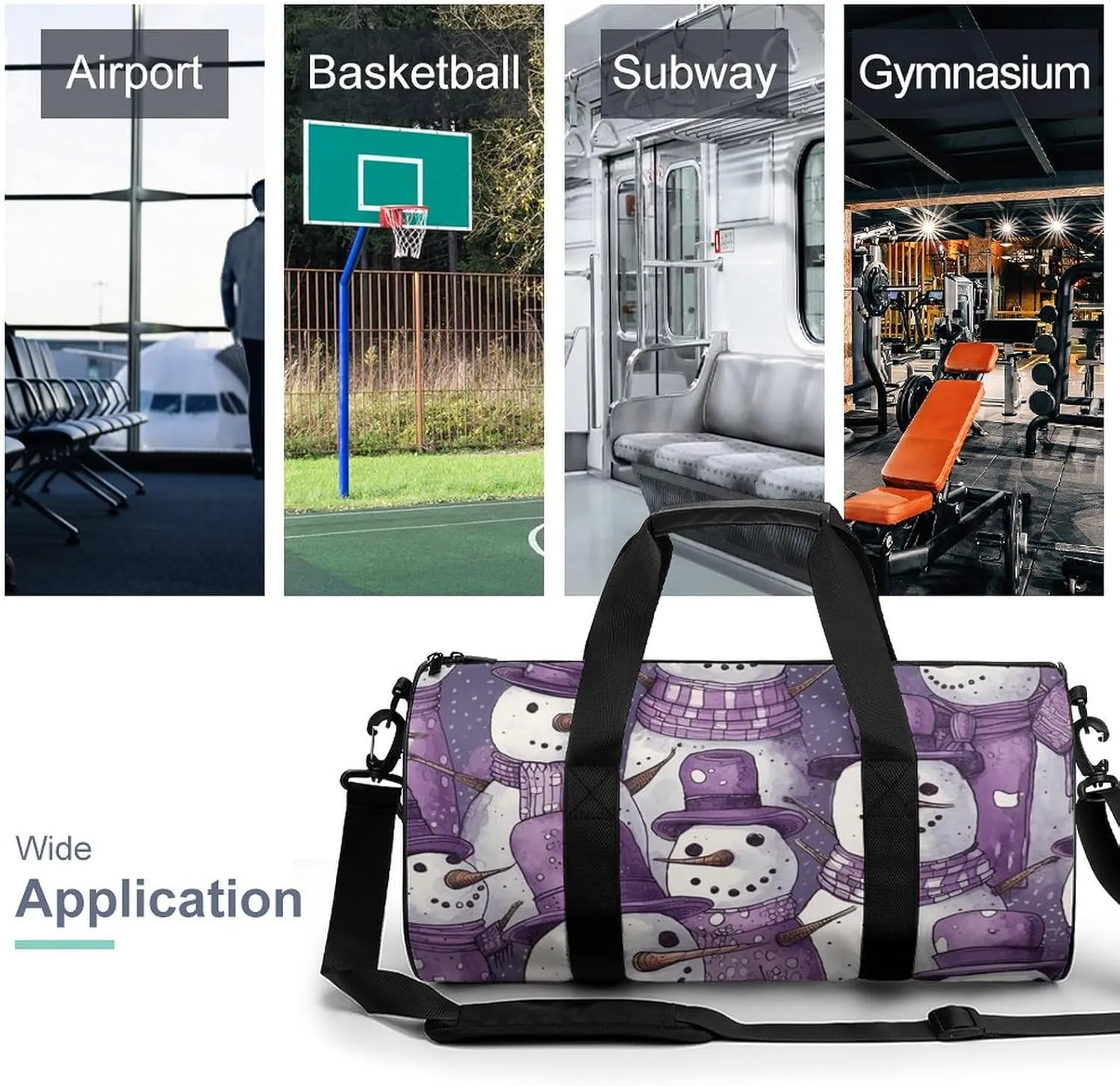 Sports Gym Bag for Women Men Travel Duffel Bag Tote Weekender Bag Purple Snowman Pattern Carry on Overnight Bag for Travel Swimming Fitness Workout Sports Duffle Bag