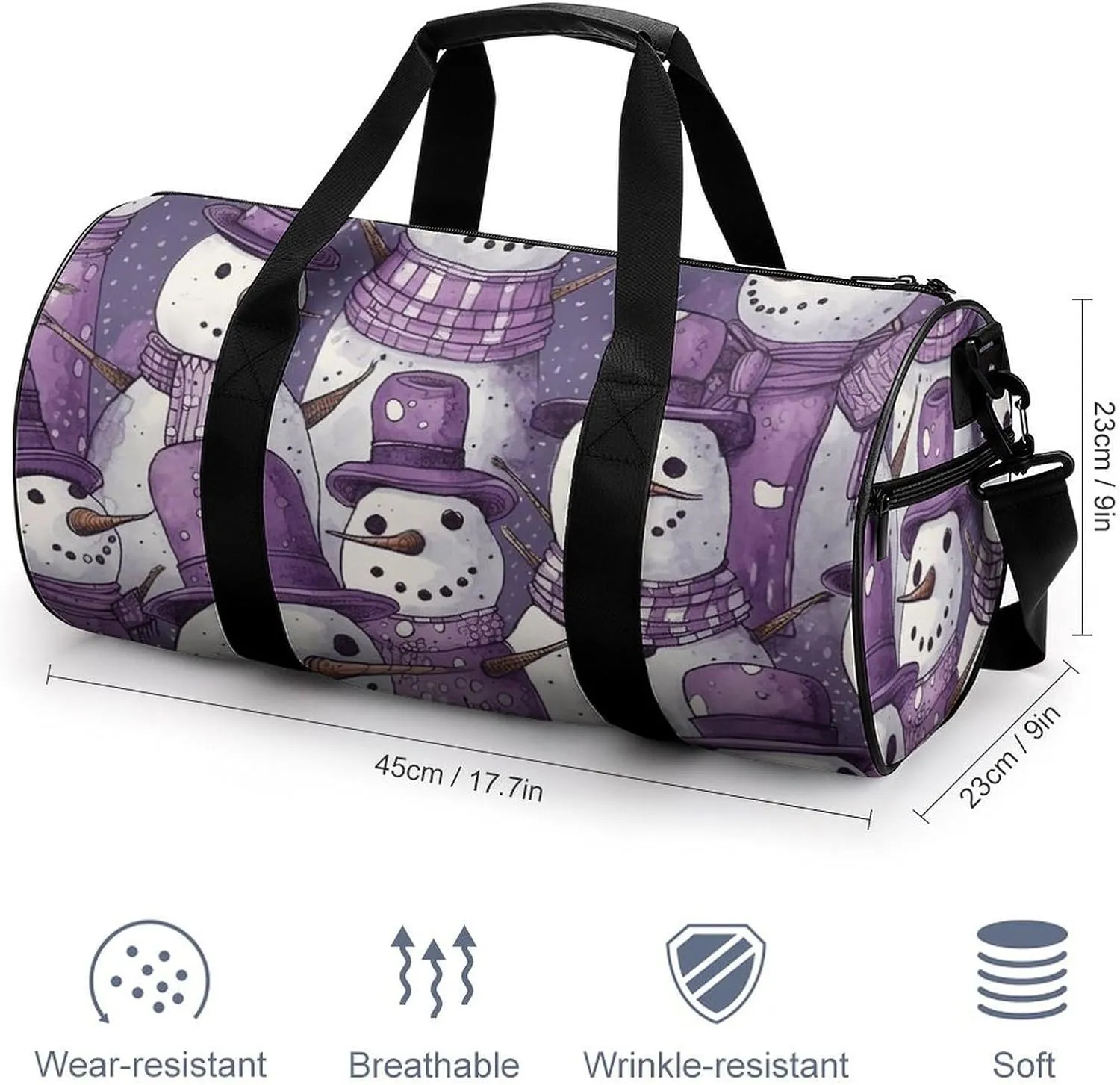 Sports Gym Bag for Women Men Travel Duffel Bag Tote Weekender Bag Purple Snowman Pattern Carry on Overnight Bag for Travel Swimming Fitness Workout Sports Duffle Bag