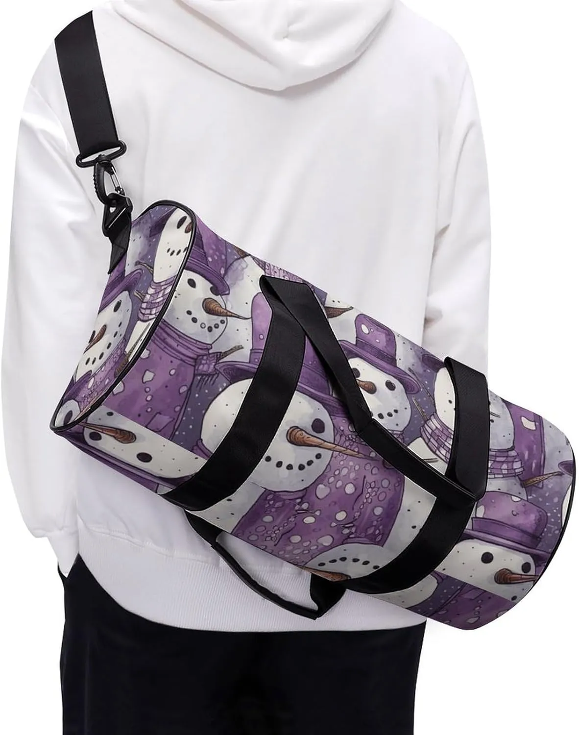 Sports Gym Bag for Women Men Travel Duffel Bag Tote Weekender Bag Purple Snowman Pattern Carry on Overnight Bag for Travel Swimming Fitness Workout Sports Duffle Bag