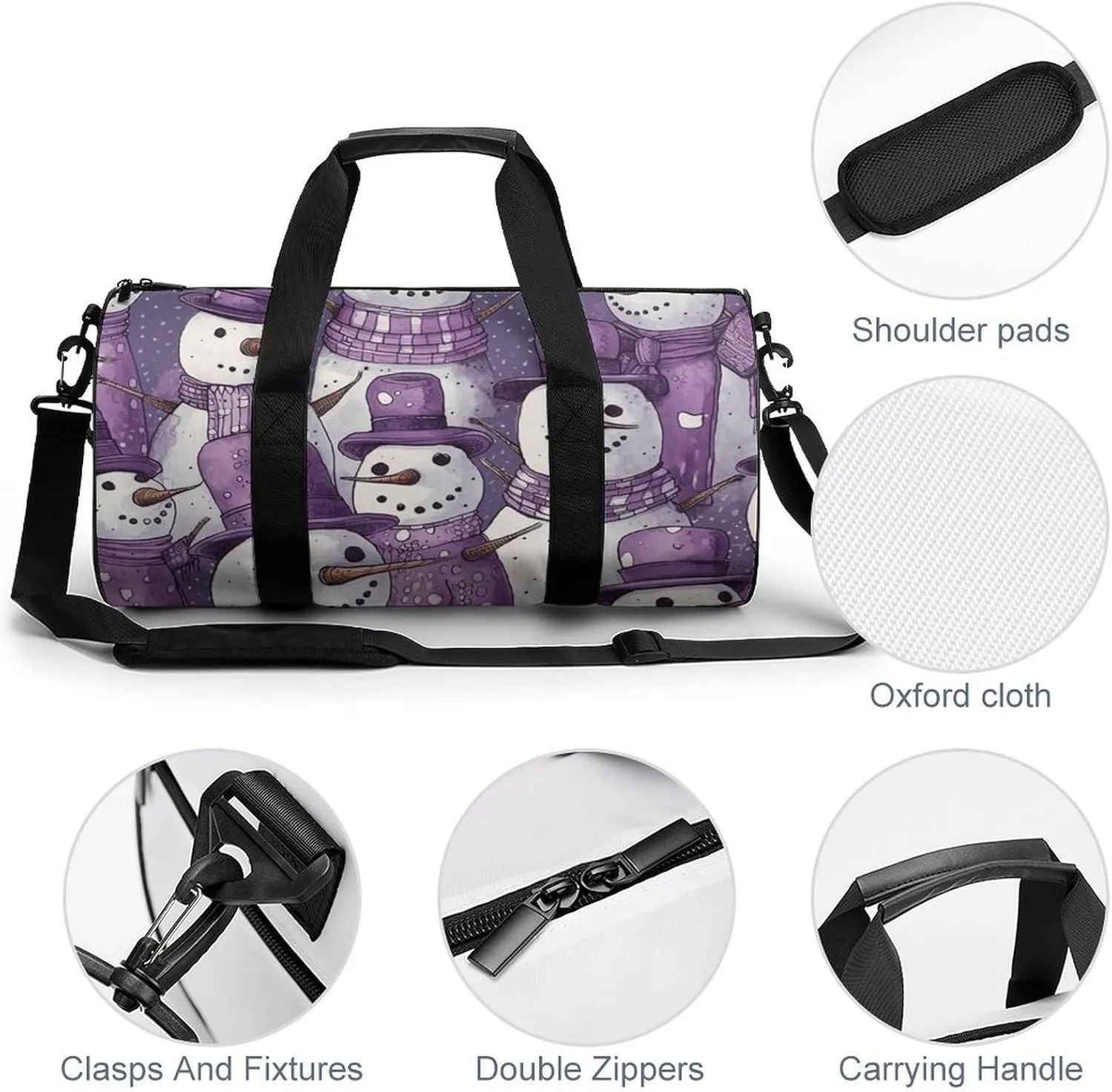 Sports Gym Bag for Women Men Travel Duffel Bag Tote Weekender Bag Purple Snowman Pattern Carry on Overnight Bag for Travel Swimming Fitness Workout Sports Duffle Bag