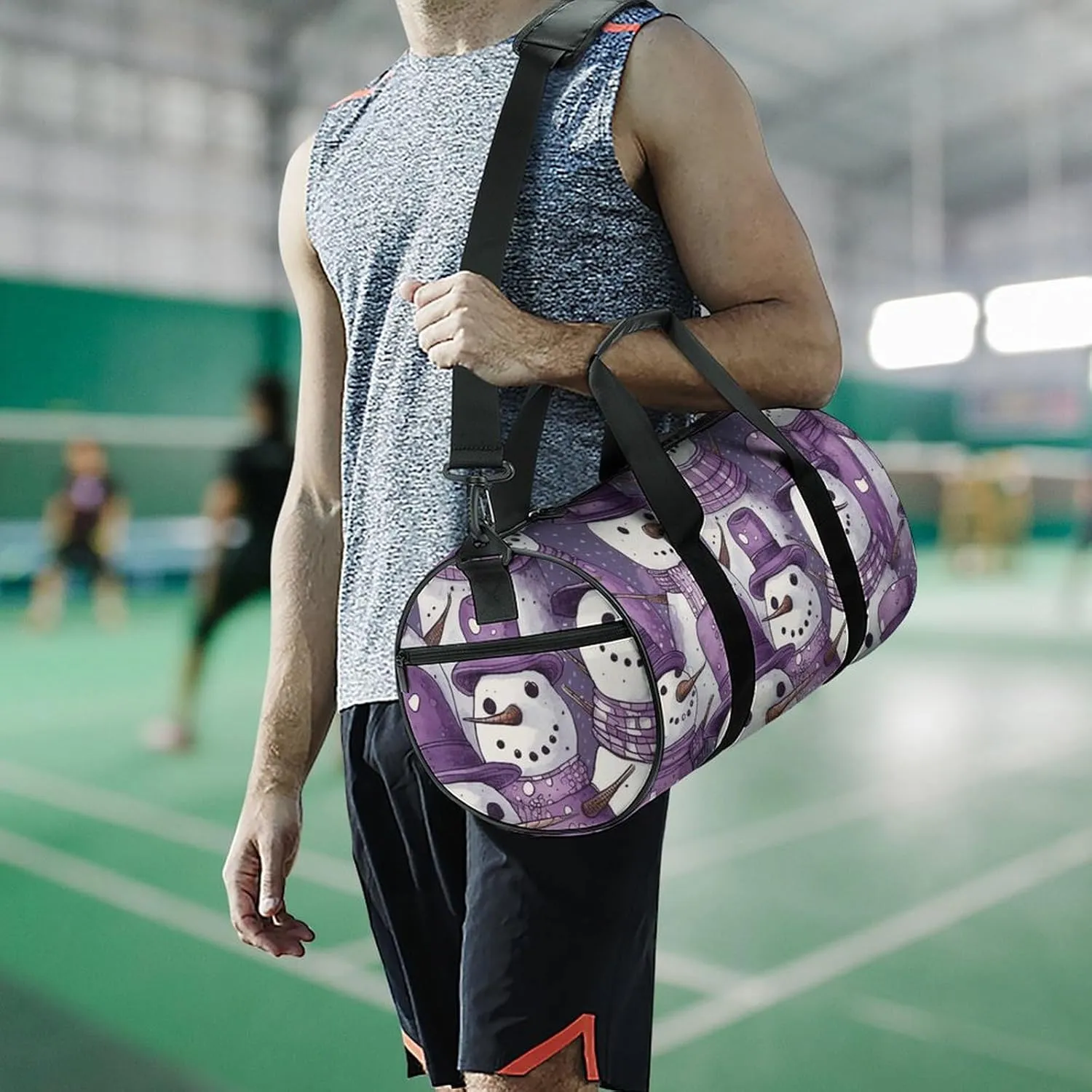 Sports Gym Bag for Women Men Travel Duffel Bag Tote Weekender Bag Purple Snowman Pattern Carry on Overnight Bag for Travel Swimming Fitness Workout Sports Duffle Bag
