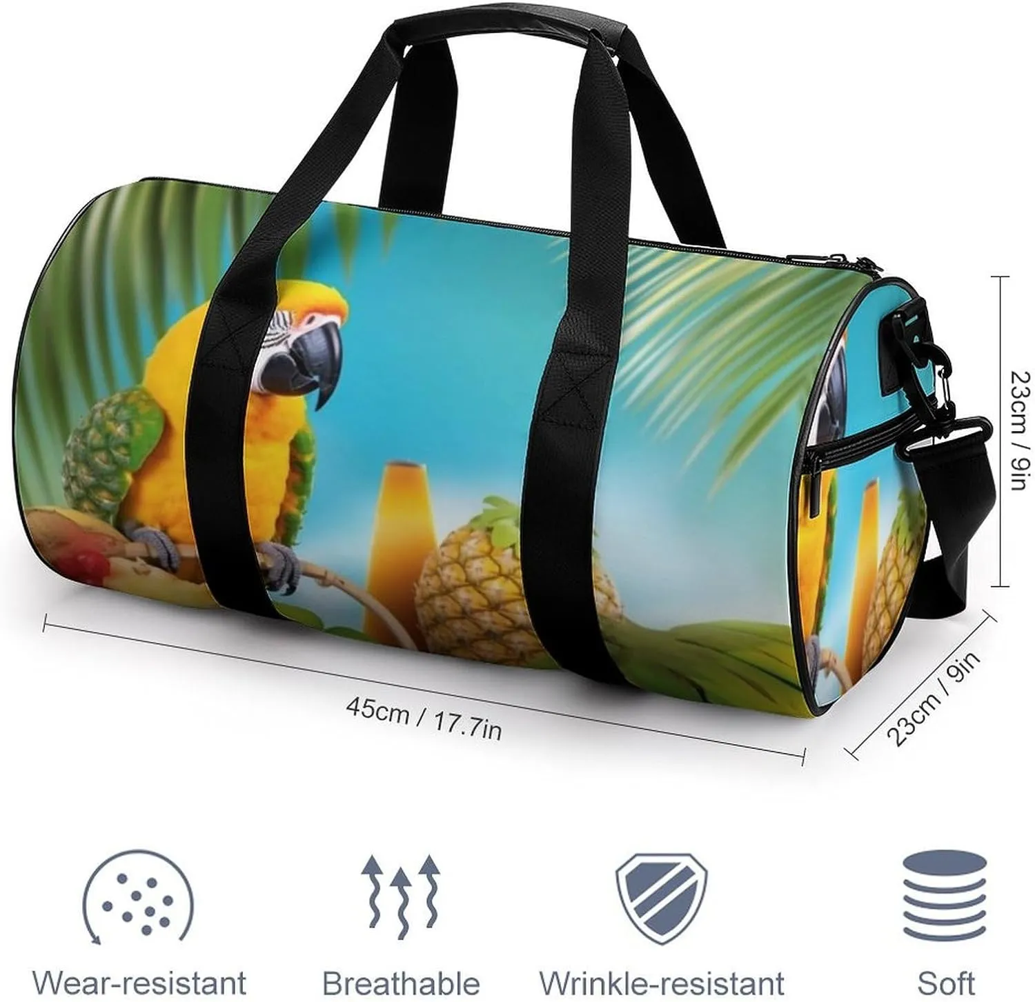 Sports Gym Bag for Women Men Travel Duffel Bag Tote Weekender Bag Summer Parrot Pineapple Birds Carry on Overnight Bag for Travel Swimming Fitness Workout Sports Duffle Bag