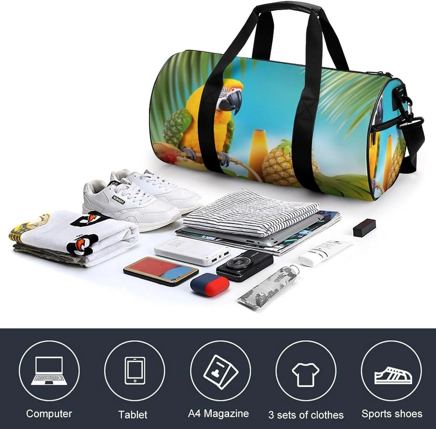 Sports Gym Bag for Women Men Travel Duffel Bag Tote Weekender Bag Summer Parrot Pineapple Birds Carry on Overnight Bag for Travel Swimming Fitness Workout Sports Duffle Bag