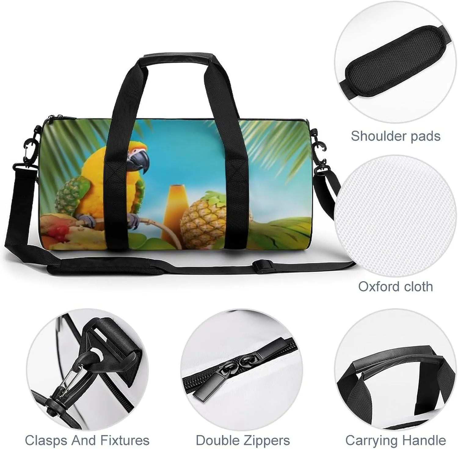 Sports Gym Bag for Women Men Travel Duffel Bag Tote Weekender Bag Summer Parrot Pineapple Birds Carry on Overnight Bag for Travel Swimming Fitness Workout Sports Duffle Bag