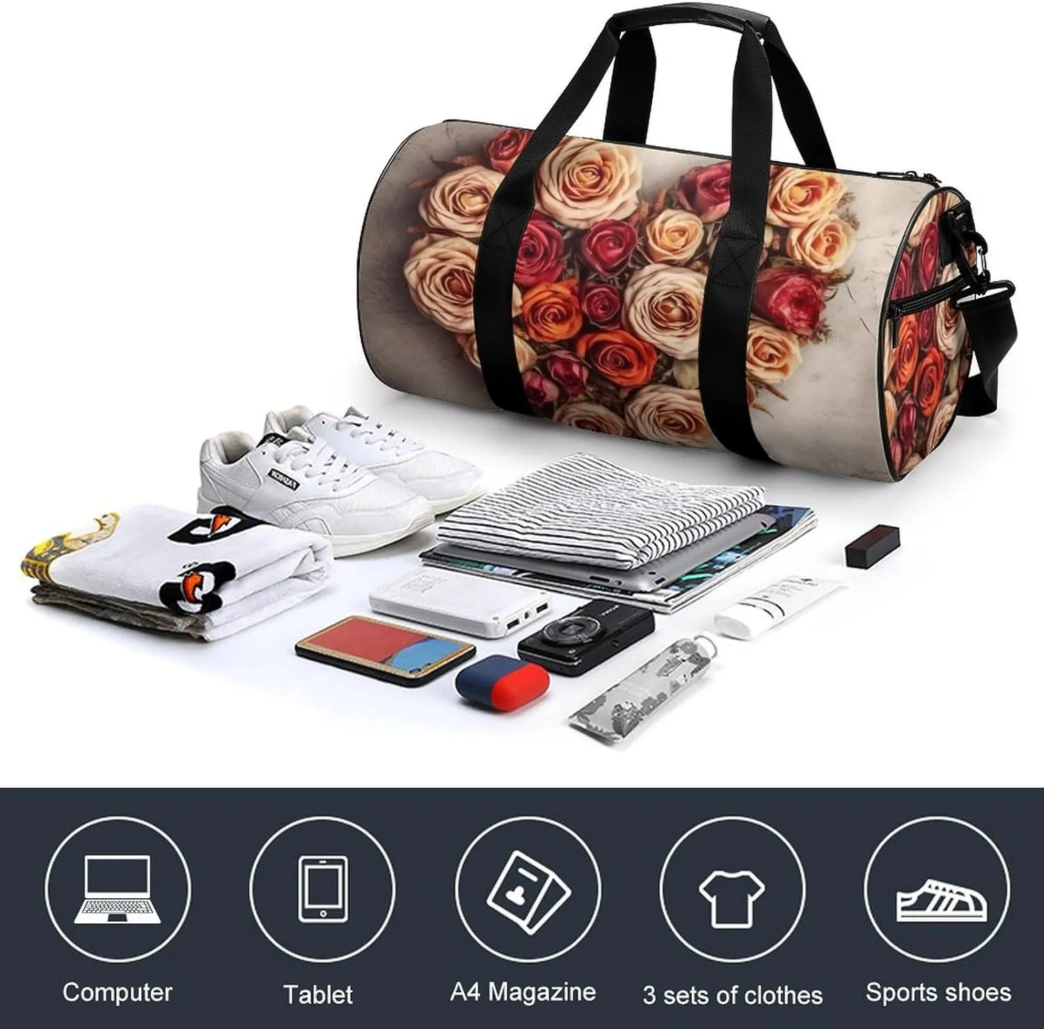 Sports Gym Bag for Women Men Travel Duffel Bag Tote Weekender Bag Valentine Flowers Heart Shape Carry on Overnight Bag for Travel Swimming Fitness Workout Sports Duffle Bag
