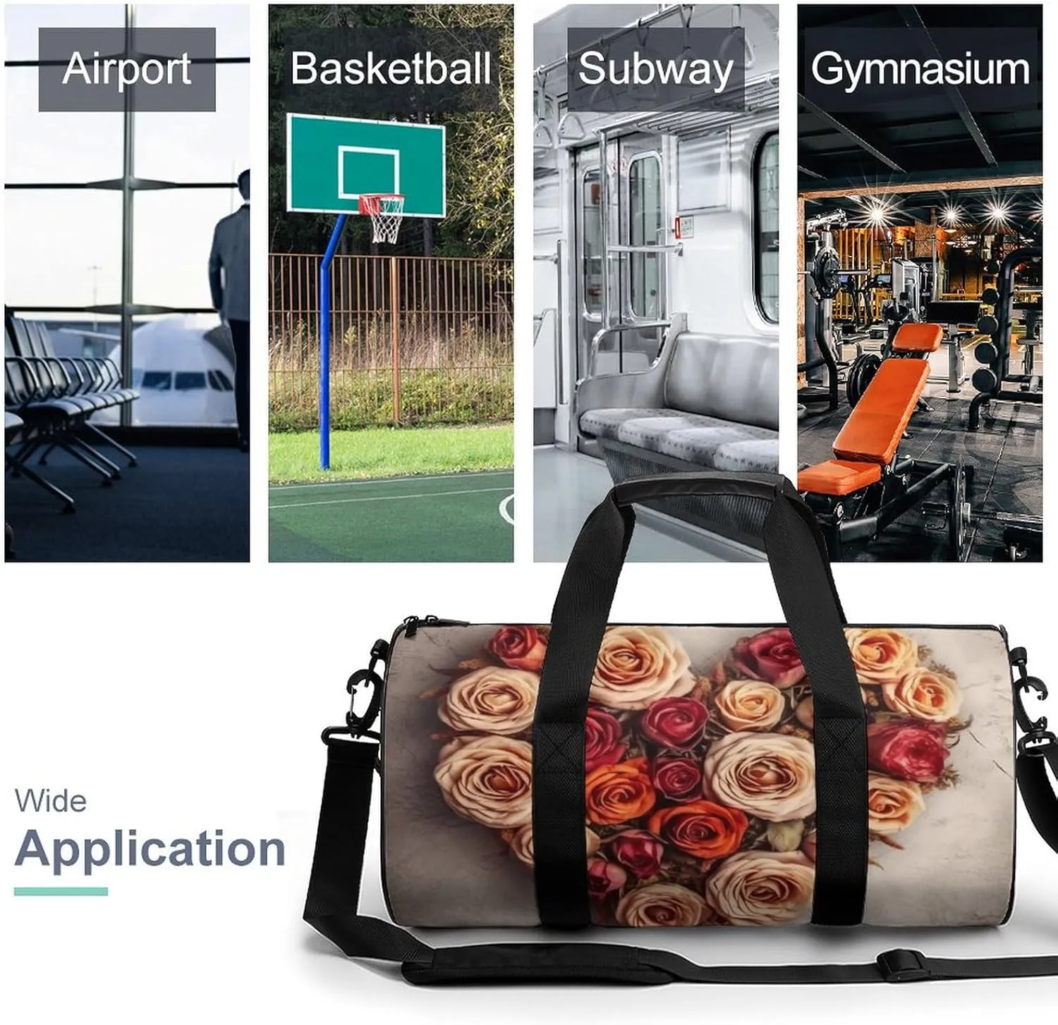 Sports Gym Bag for Women Men Travel Duffel Bag Tote Weekender Bag Valentine Flowers Heart Shape Carry on Overnight Bag for Travel Swimming Fitness Workout Sports Duffle Bag