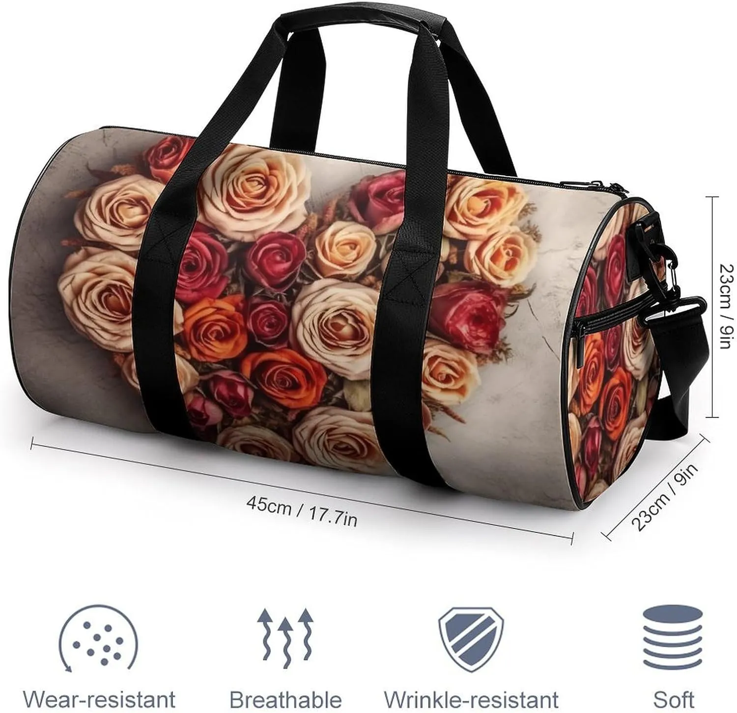 Sports Gym Bag for Women Men Travel Duffel Bag Tote Weekender Bag Valentine Flowers Heart Shape Carry on Overnight Bag for Travel Swimming Fitness Workout Sports Duffle Bag