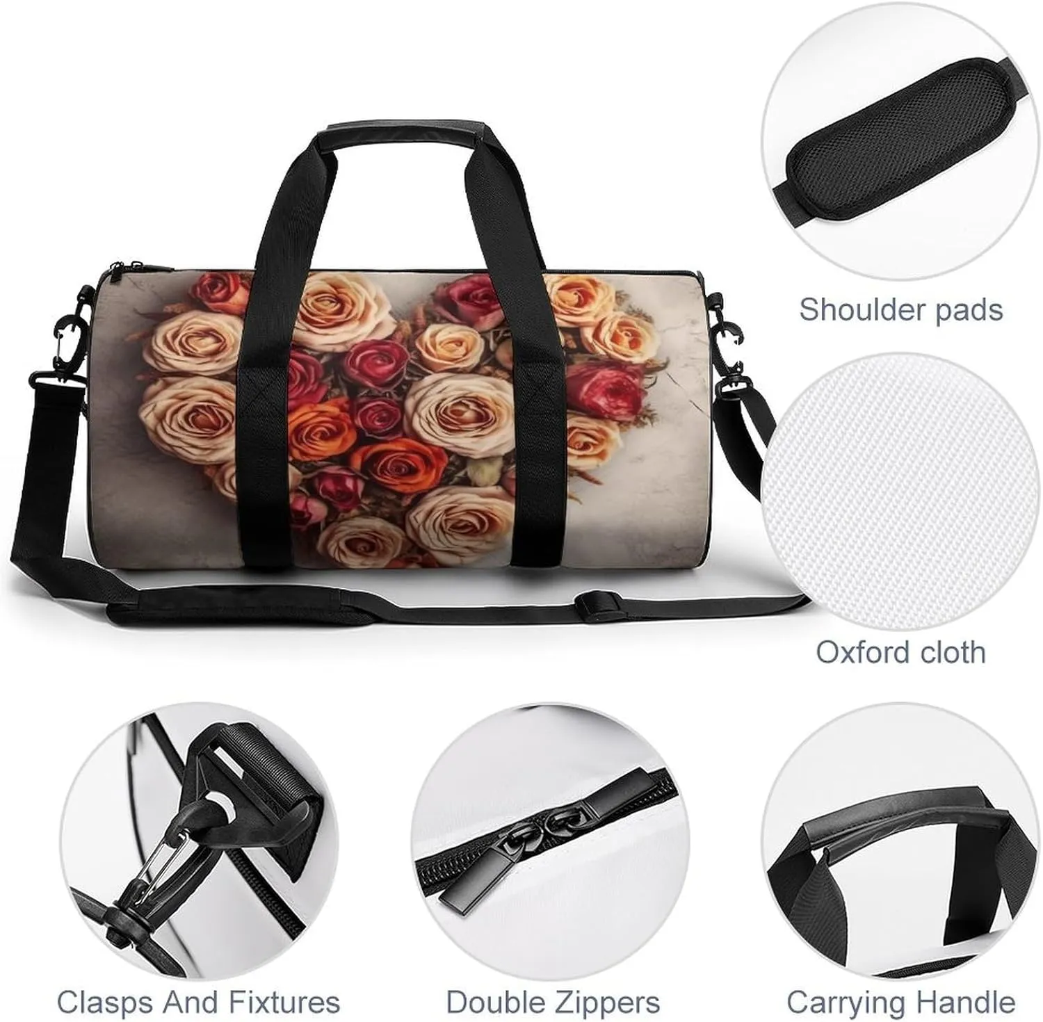 Sports Gym Bag for Women Men Travel Duffel Bag Tote Weekender Bag Valentine Flowers Heart Shape Carry on Overnight Bag for Travel Swimming Fitness Workout Sports Duffle Bag
