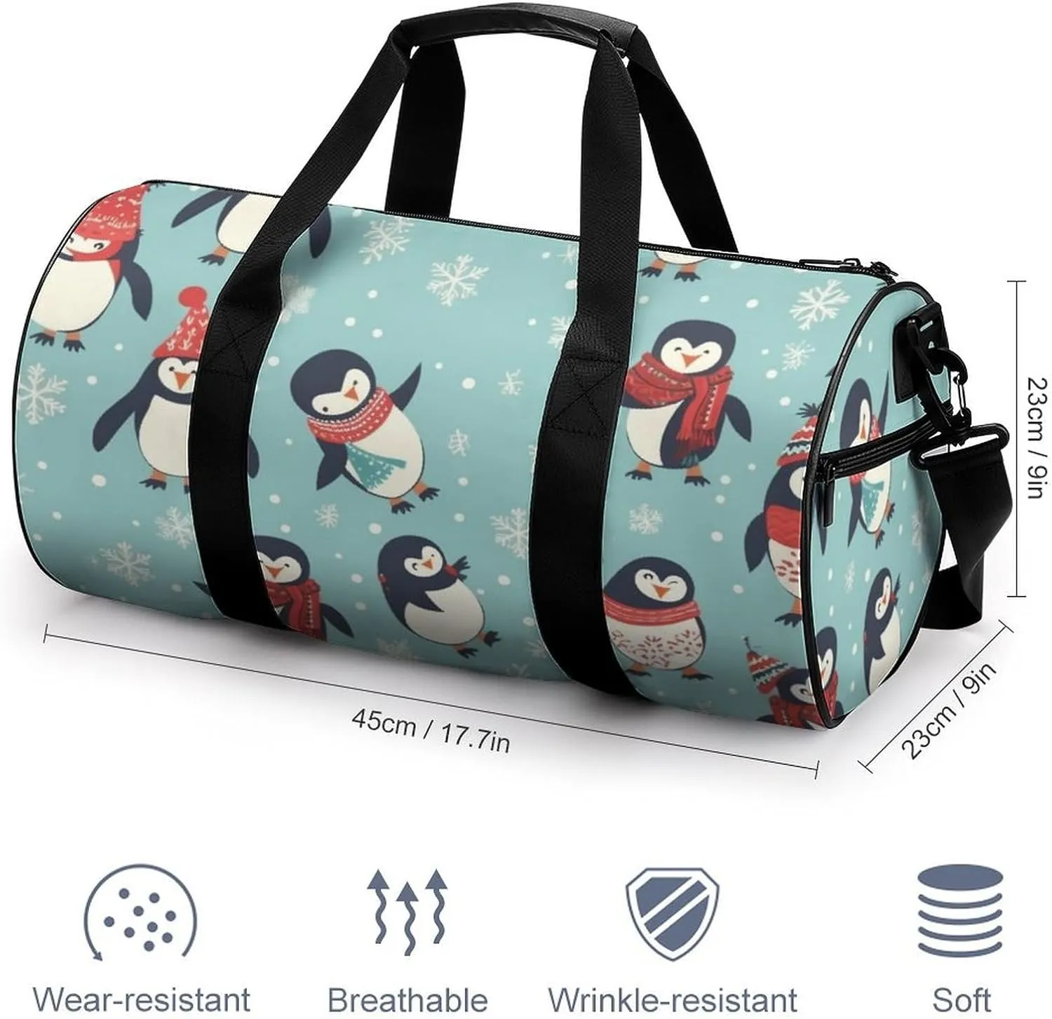 Sports Gym Bag for Women Men Travel Duffel Bag Tote Weekender Bag Winter Christmas Penguins Carry on Overnight Bag for Travel Swimming Fitness Workout Sports Duffle Bag