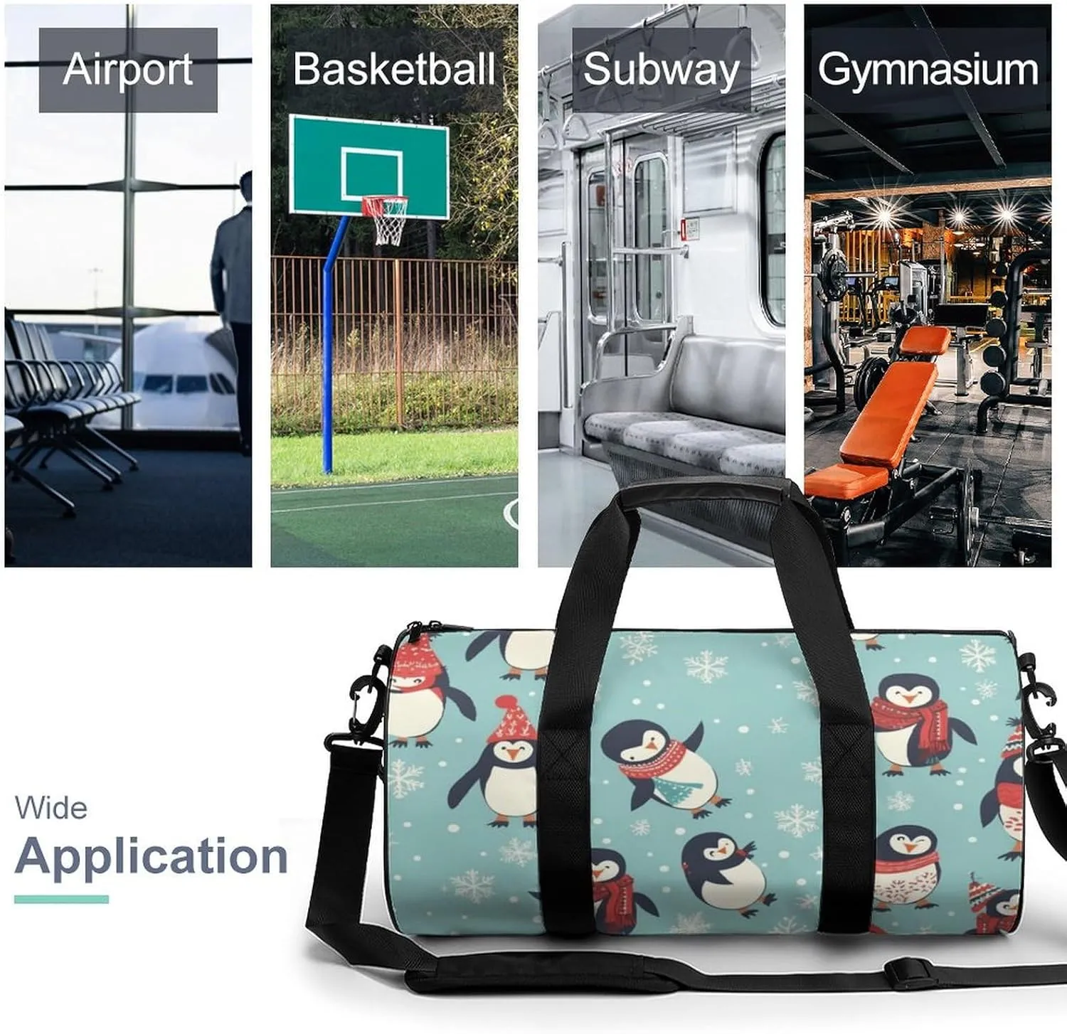 Sports Gym Bag for Women Men Travel Duffel Bag Tote Weekender Bag Winter Christmas Penguins Carry on Overnight Bag for Travel Swimming Fitness Workout Sports Duffle Bag