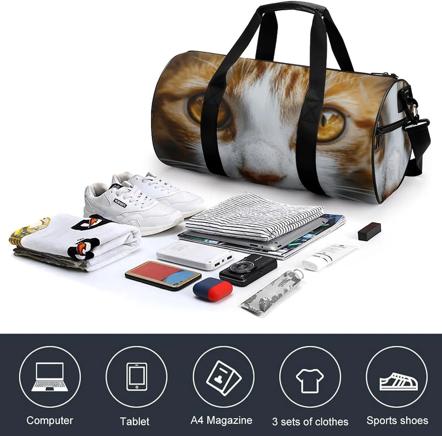 Sports Gym Bag for Women Men Travel Duffel Bag Yellow Eyes Cat Weekender Bag Canvas Carry on Overnight Bag for Travel Swimming Fitness Workout Sports Duffle Bag