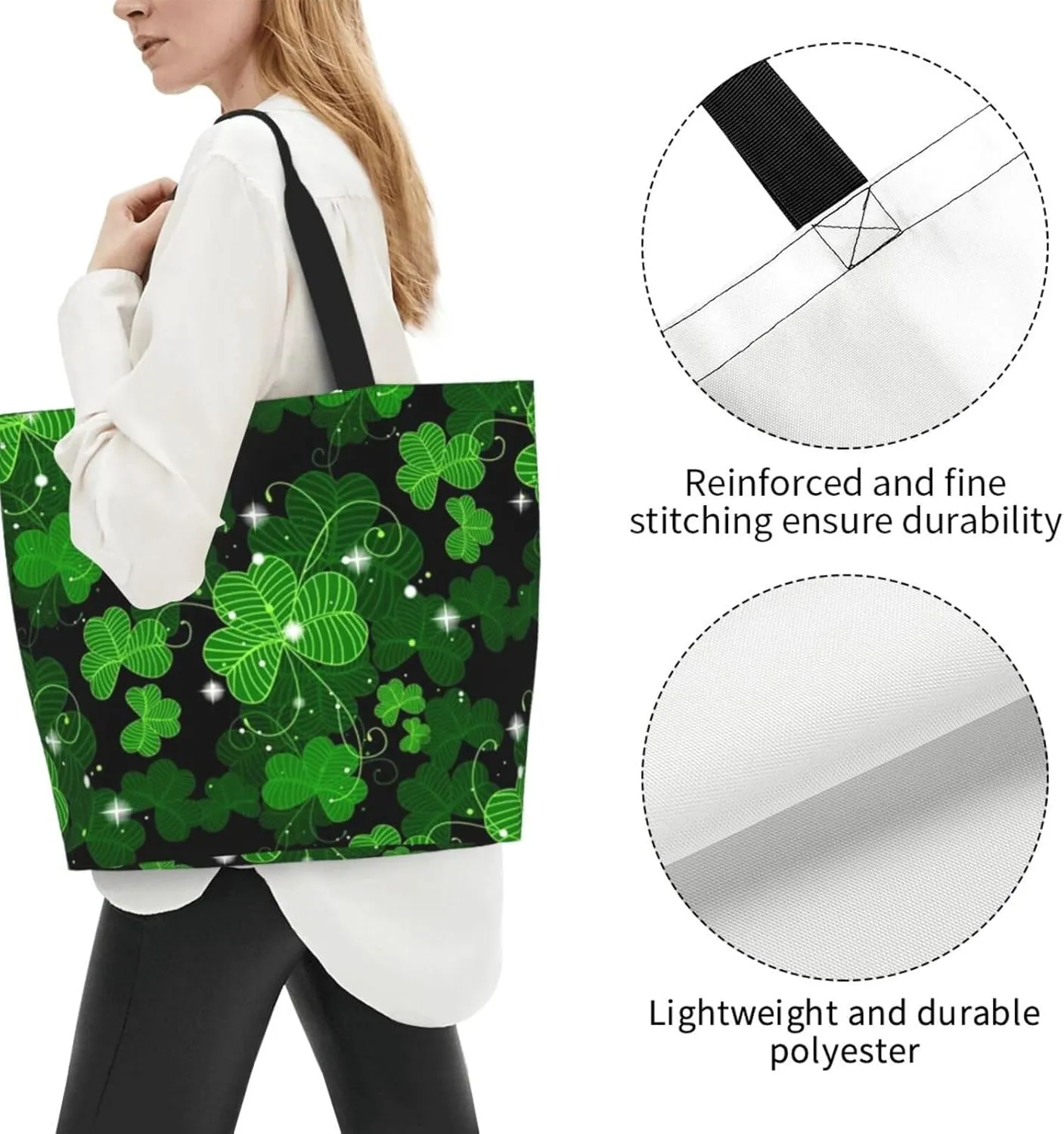 St. Patrick's Day Shamrock Clover Tote Grocery Bag Shoulder Casual Reusable Bag Large for Women Men