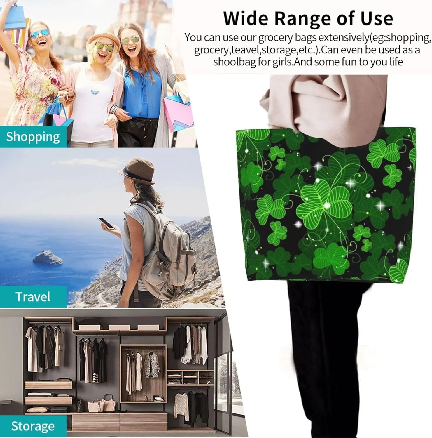 St. Patrick's Day Shamrock Clover Tote Grocery Bag Shoulder Casual Reusable Bag Large for Women Men