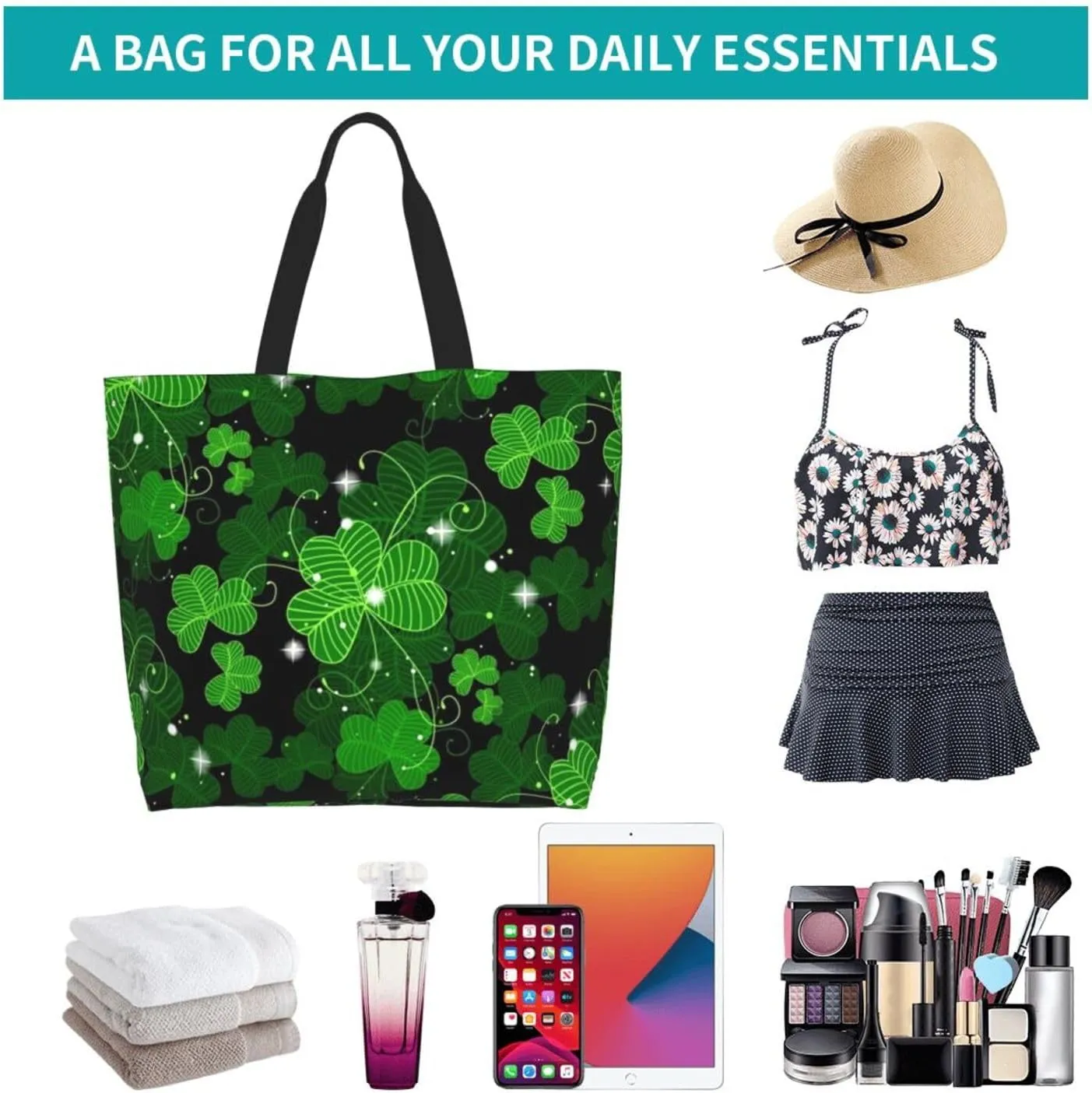 St. Patrick's Day Shamrock Clover Tote Grocery Bag Shoulder Casual Reusable Bag Large for Women Men