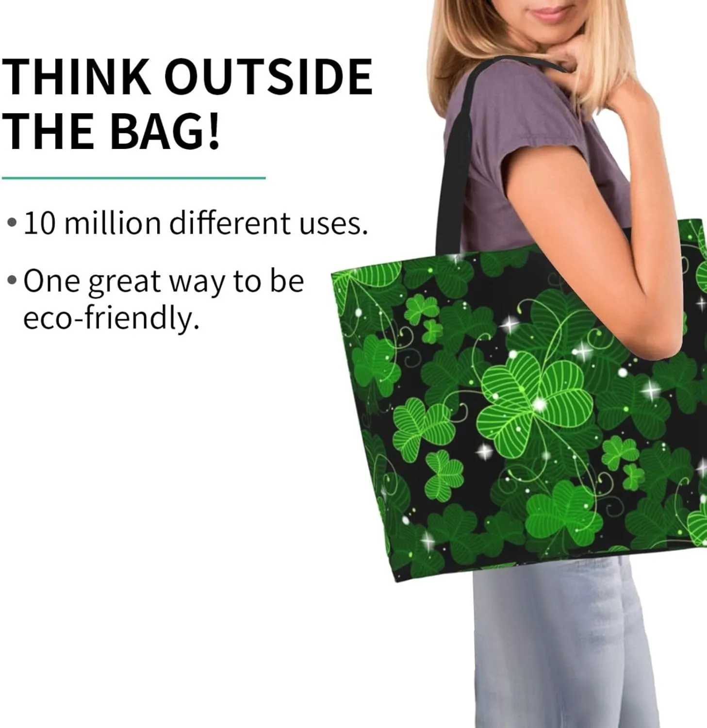 St. Patrick's Day Shamrock Clover Tote Grocery Bag Shoulder Casual Reusable Bag Large for Women Men