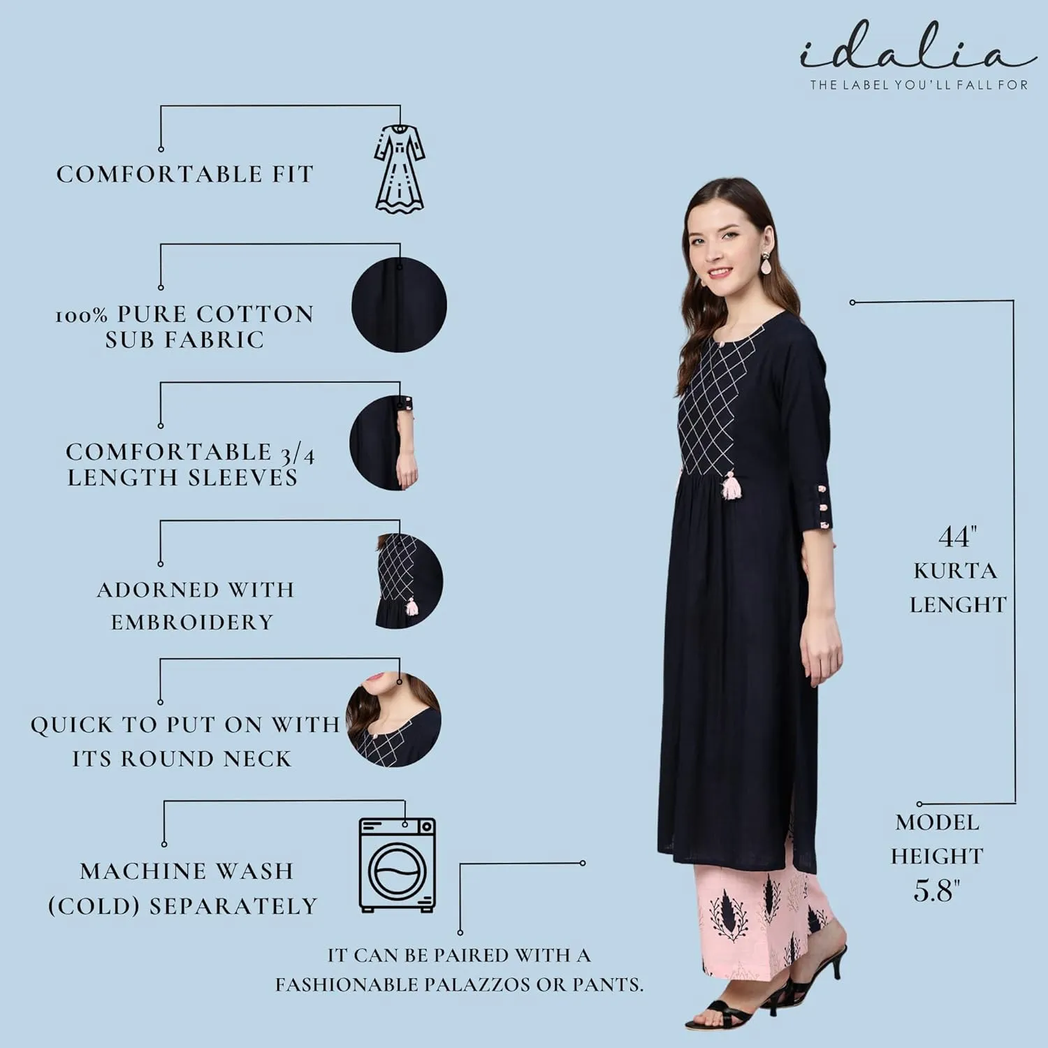 Straight Indian Kurta for Women, Cotton Kurta with Palazzo Pant Set