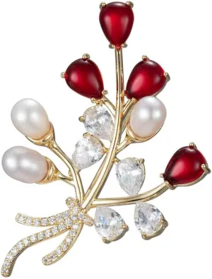 Stunning Bouquet Design 14K Gold Freshwater Pearl Brooch, Stylish Textured Phoenix Flower Brooch Inlaid Moissanite, Unique Coat Accessory and Scarf Decoration