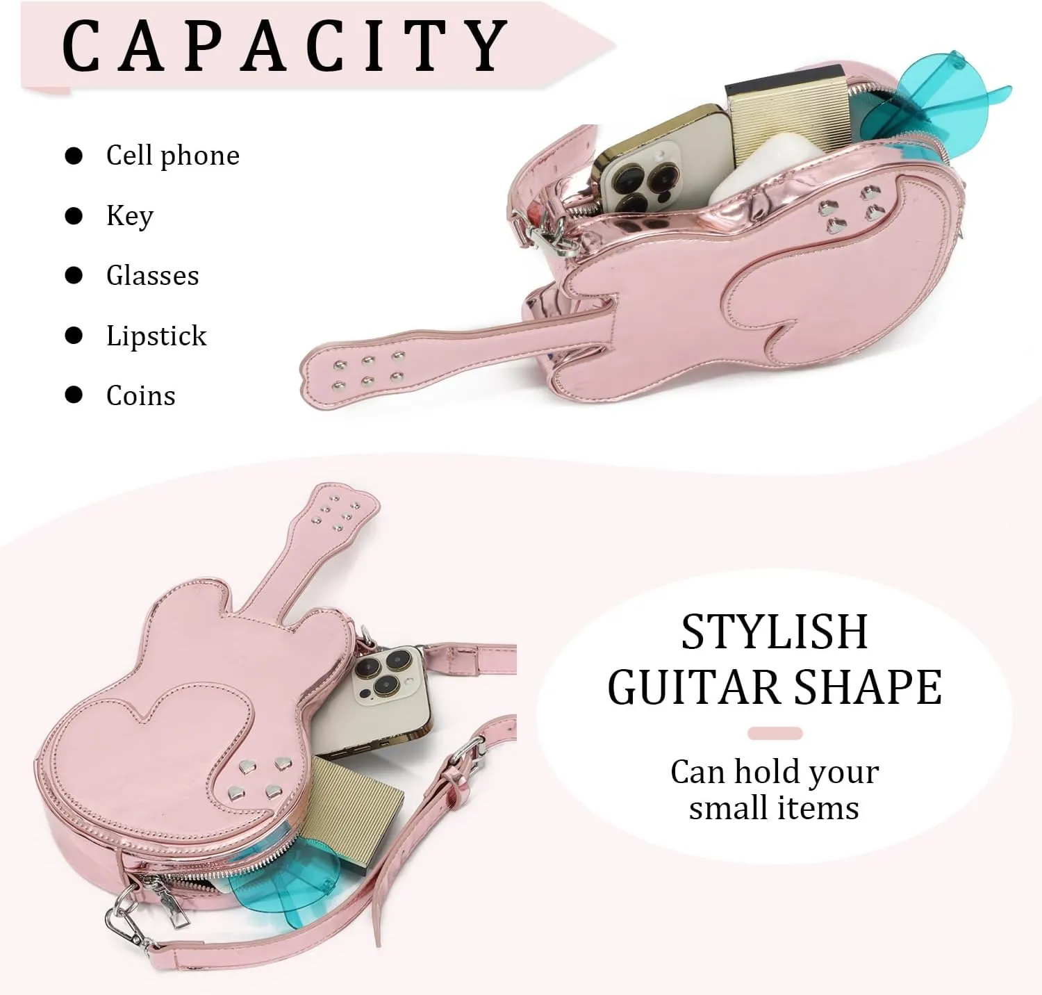 SUKUTU Women Guitar Shaped Shoulder Bag Creative Music Sparkly Leather Novelty Crossbody Bags Handbag