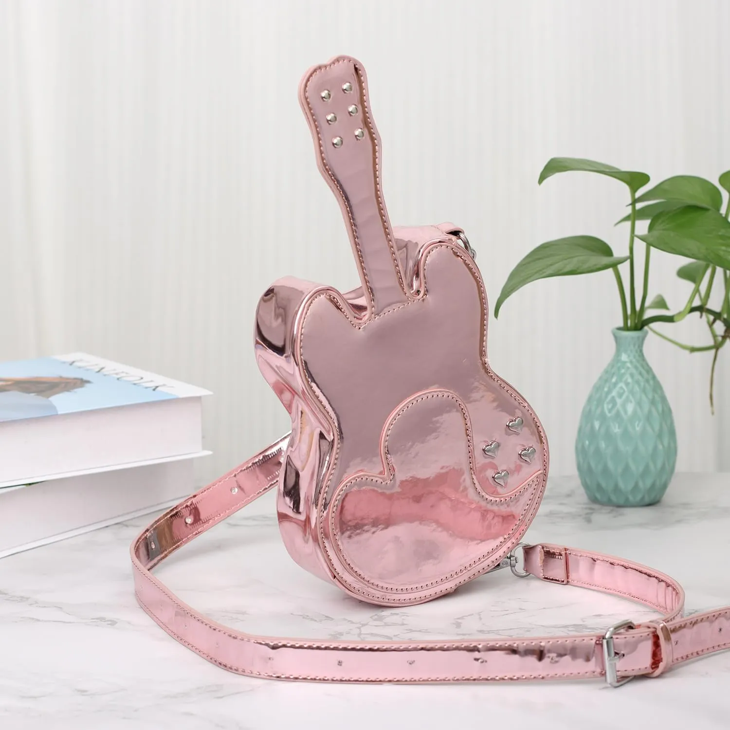 SUKUTU Women Guitar Shaped Shoulder Bag Creative Music Sparkly Leather Novelty Crossbody Bags Handbag