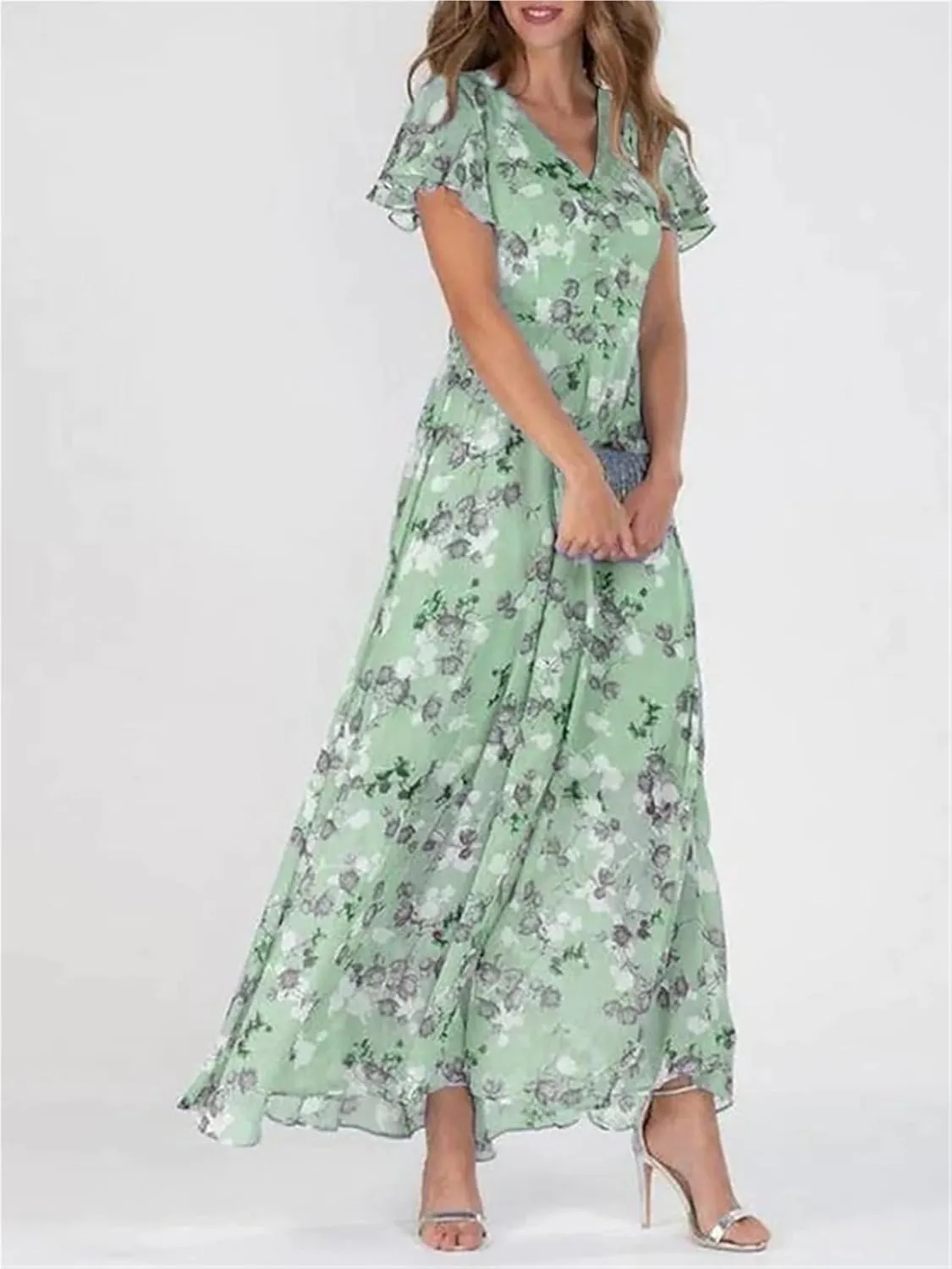 Summer Trendy Floral Boho Dress, 2025 Elegant V Neck Short Sleeve Floral Beach Dress Flowy Ruched Boho Vacation Dresses