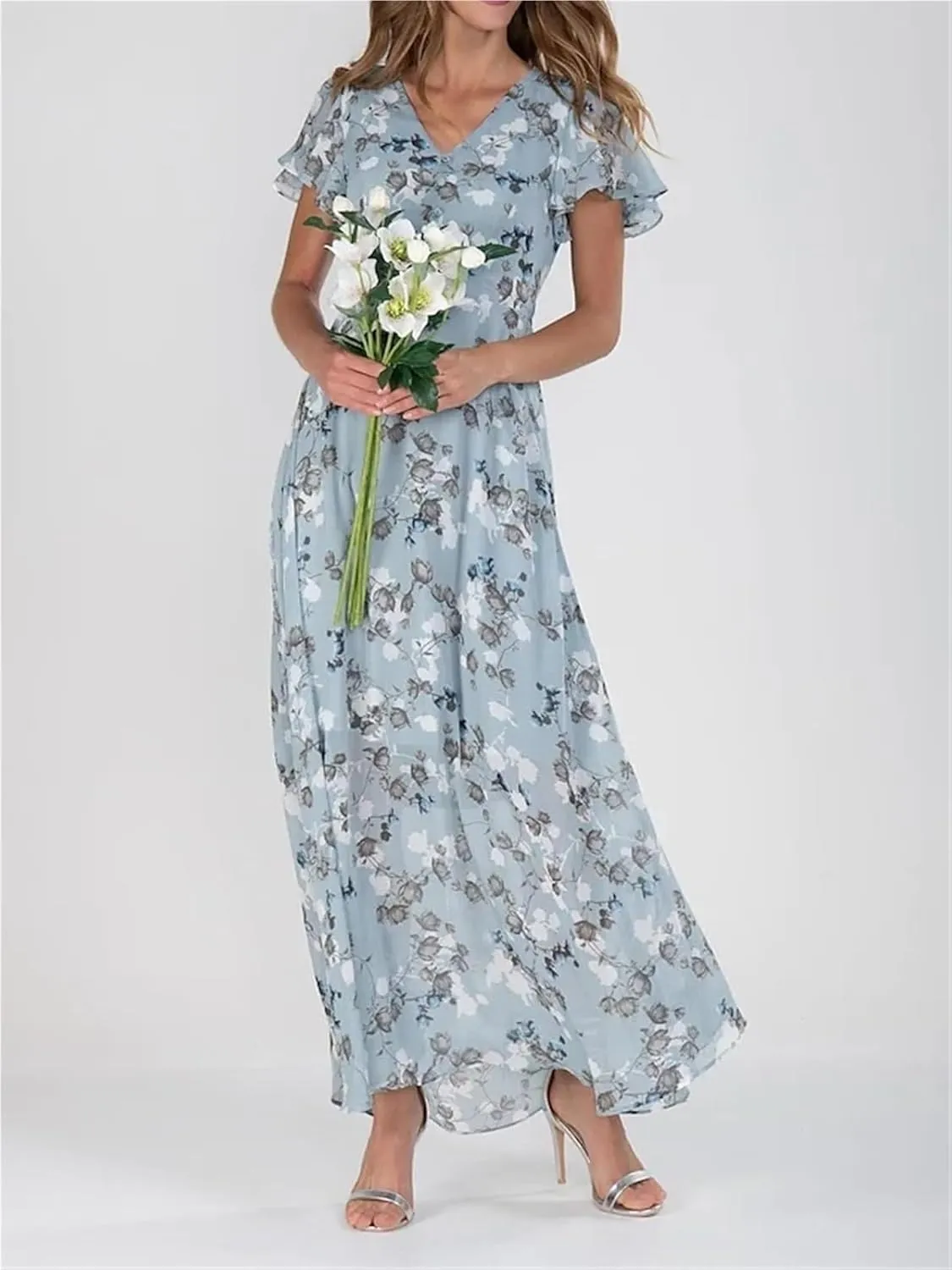 Summer Trendy Floral Boho Dress, 2025 Elegant V Neck Short Sleeve Floral Beach Dress Flowy Ruched Boho Vacation Dresses