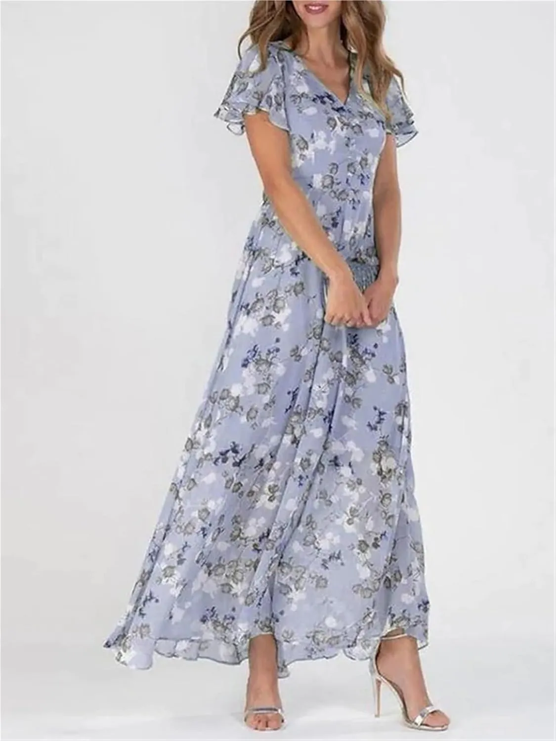 Summer Trendy Floral Boho Dress, 2025 Elegant V Neck Short Sleeve Floral Beach Dress Flowy Ruched Boho Vacation Dresses