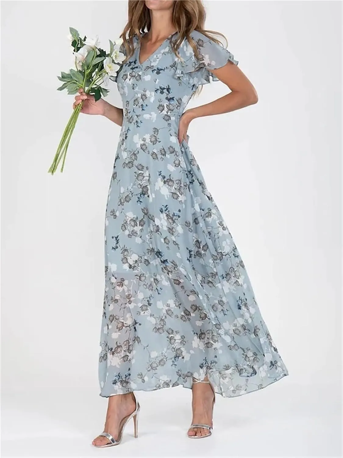 Summer Trendy Floral Boho Dress, 2025 Elegant V Neck Short Sleeve Floral Beach Dress Flowy Ruched Boho Vacation Dresses