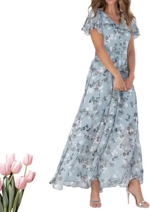 Summer Trendy Floral Boho Dress, 2025 Elegant V Neck Short Sleeve Floral Beach Dress Flowy Ruched Boho Vacation Dresses