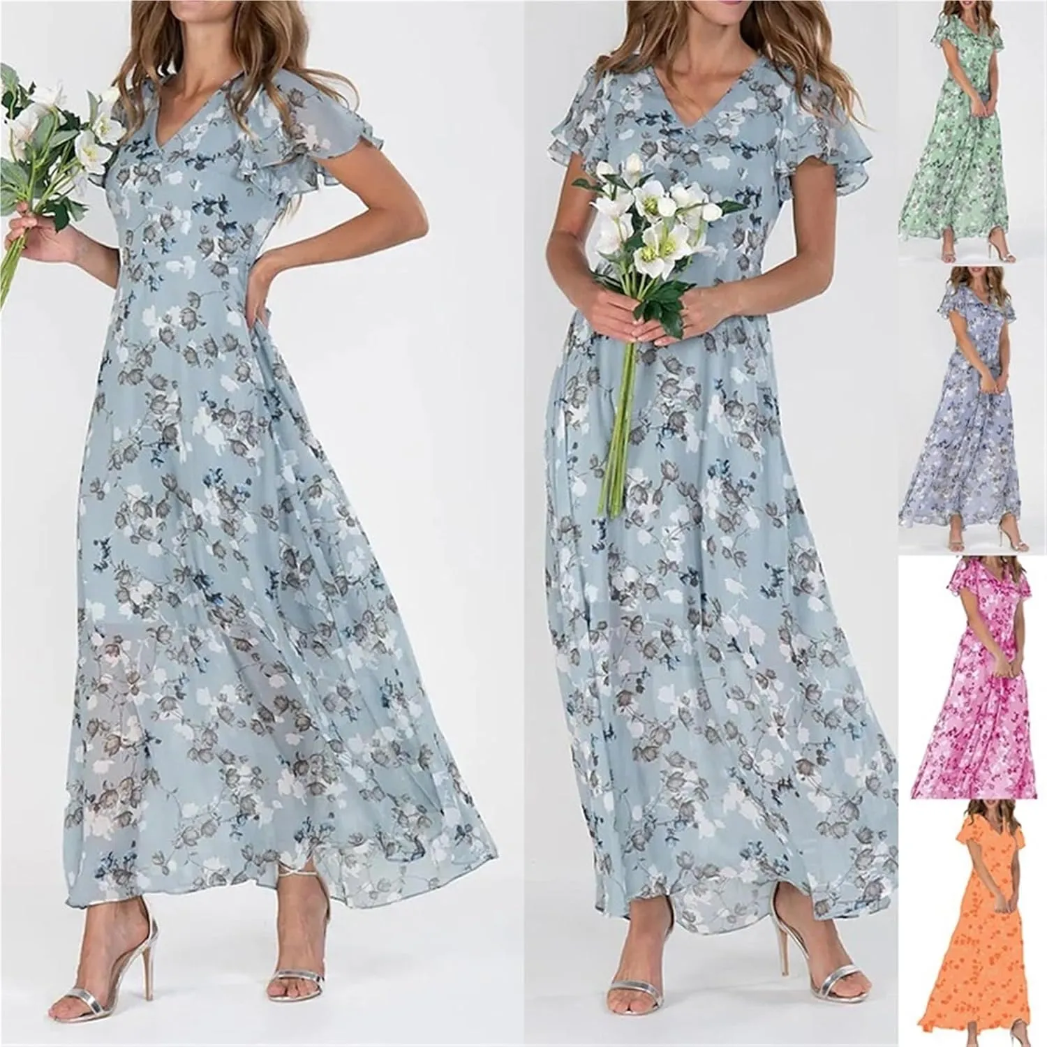 Summer Trendy Floral Boho Dress, 2025 Elegant V Neck Short Sleeve Floral Beach Dress Flowy Ruched Boho Vacation Dresses