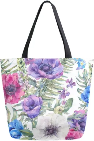 Summer Vintage Floral Canvas Tote Bag Blooming Anemones Fern Leaves Garden Women Shoulder Bag Reusable Grocery Bags Large Handbag Travel Shopping Bag for School Nursing Gift Outdoors