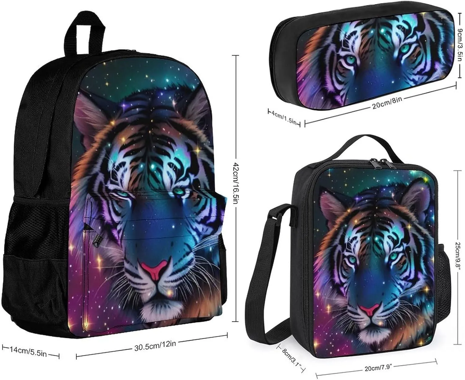 Supdreamc 3 Pcs Backpack Sets Mystic Fantasy Galaxy Sky Fantasy Wild Animals Tiger Art Travel Hiking Daypack - Big Capacity Multipurpose Business Anti-Theft Bookbag for Men Women Adults