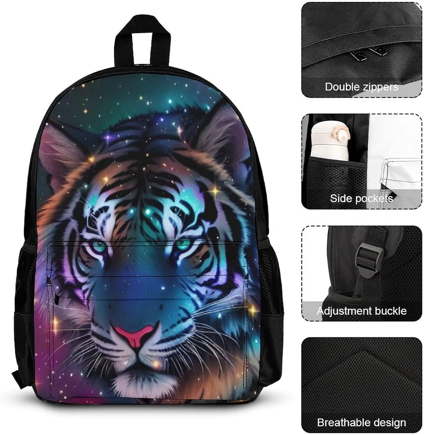 Supdreamc 3 Pcs Backpack Sets Mystic Fantasy Galaxy Sky Fantasy Wild Animals Tiger Art Travel Hiking Daypack - Big Capacity Multipurpose Business Anti-Theft Bookbag for Men Women Adults