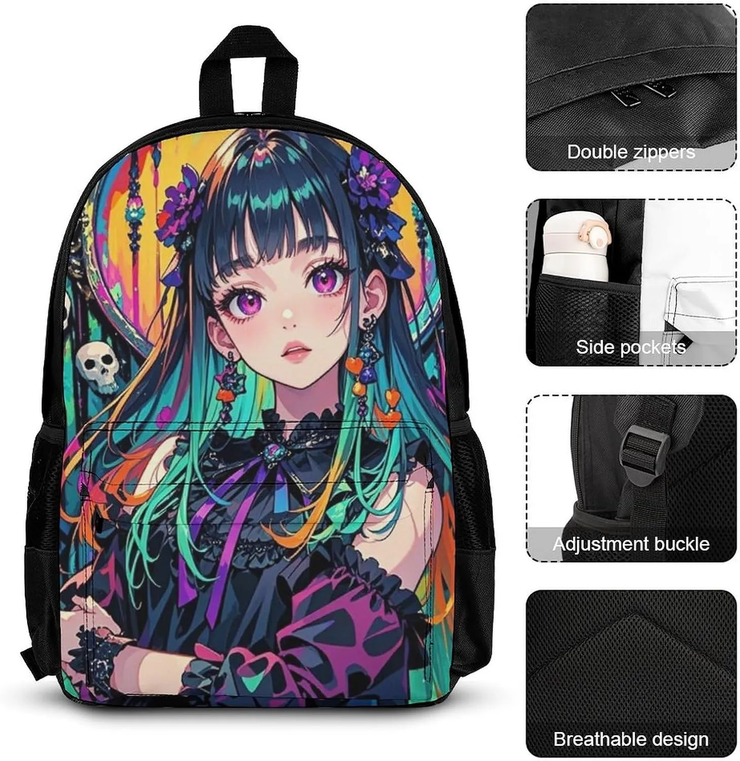 Supdreamc 3 Pcs Daypack Aesthetic Woman With Skull Gothic Style Art Traveling & Camping Backpack Sets - Large Capacity Multipurpose Anti-Theft Carry On Bag for Adults