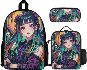 Supdreamc 3 Pcs Daypack Aesthetic Woman With Skull Gothic Style Art Traveling & Camping Backpack Sets - Large Capacity Multipurpose Anti-Theft Carry On Bag for Adults
