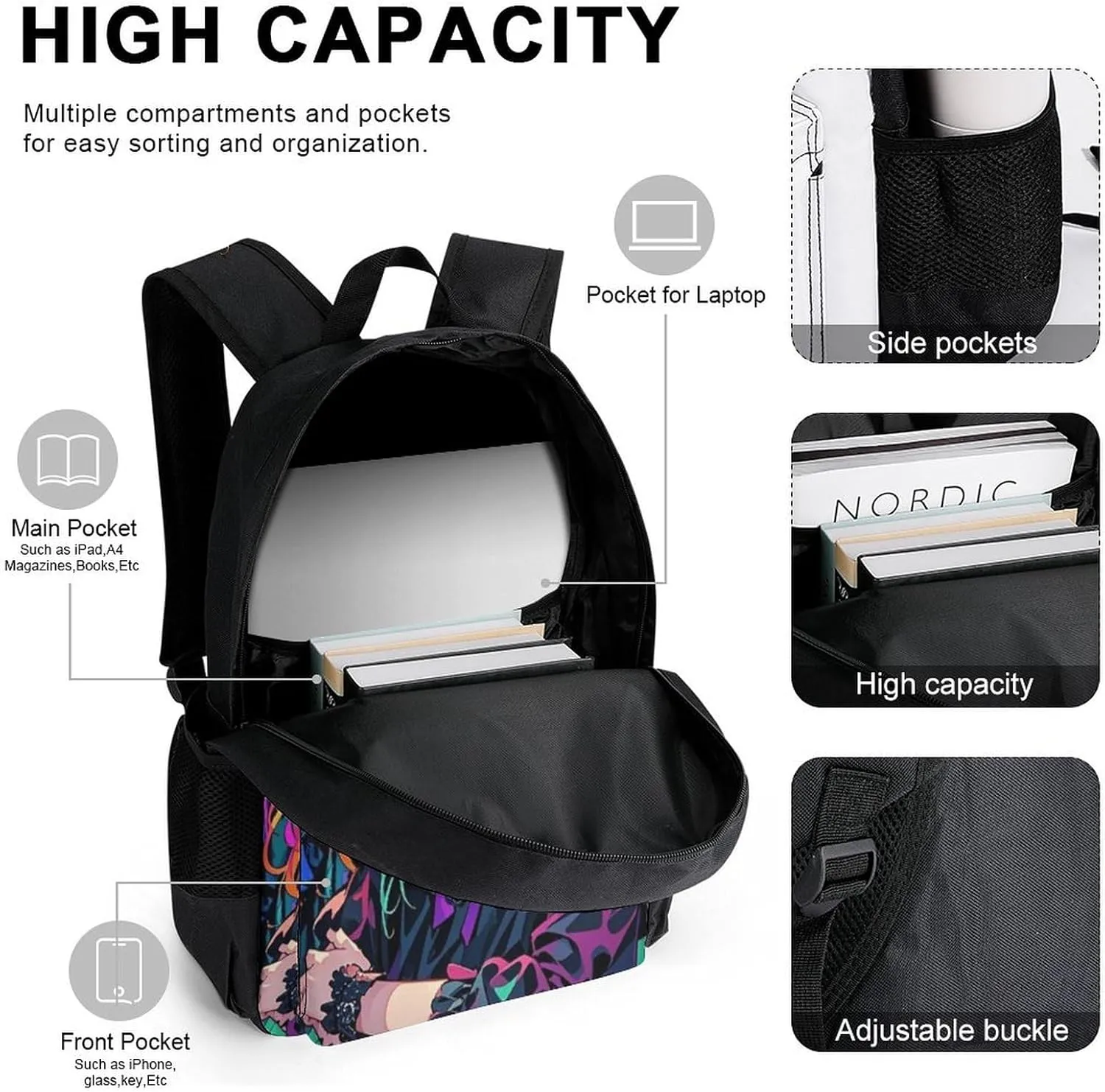 Supdreamc 3 Pcs Daypack Aesthetic Woman With Skull Gothic Style Art Traveling & Camping Backpack Sets - Large Capacity Multipurpose Anti-Theft Carry On Bag for Adults