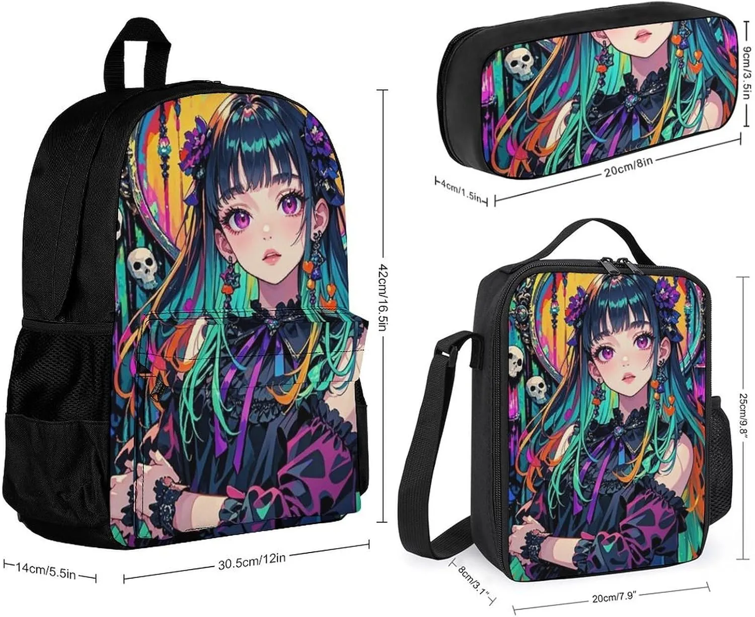 Supdreamc 3 Pcs Daypack Aesthetic Woman With Skull Gothic Style Art Traveling & Camping Backpack Sets - Large Capacity Multipurpose Anti-Theft Carry On Bag for Adults