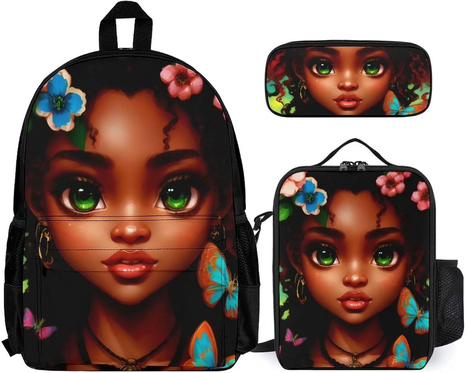 Supdreamc 3 Piece Backpack Big Capacity Carry On Bag for Gym Picnic Walking Cycling - African American Women Black Woman Butterfly Flower Art, Traveling & Camping Backpack